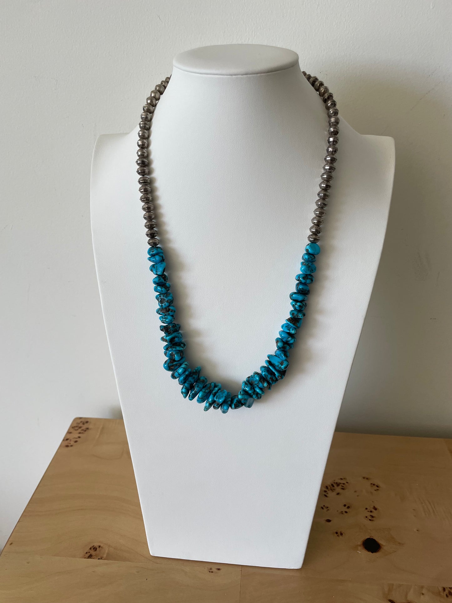 Turquoise Stone and Silver Bench Bead Necklace Navajo