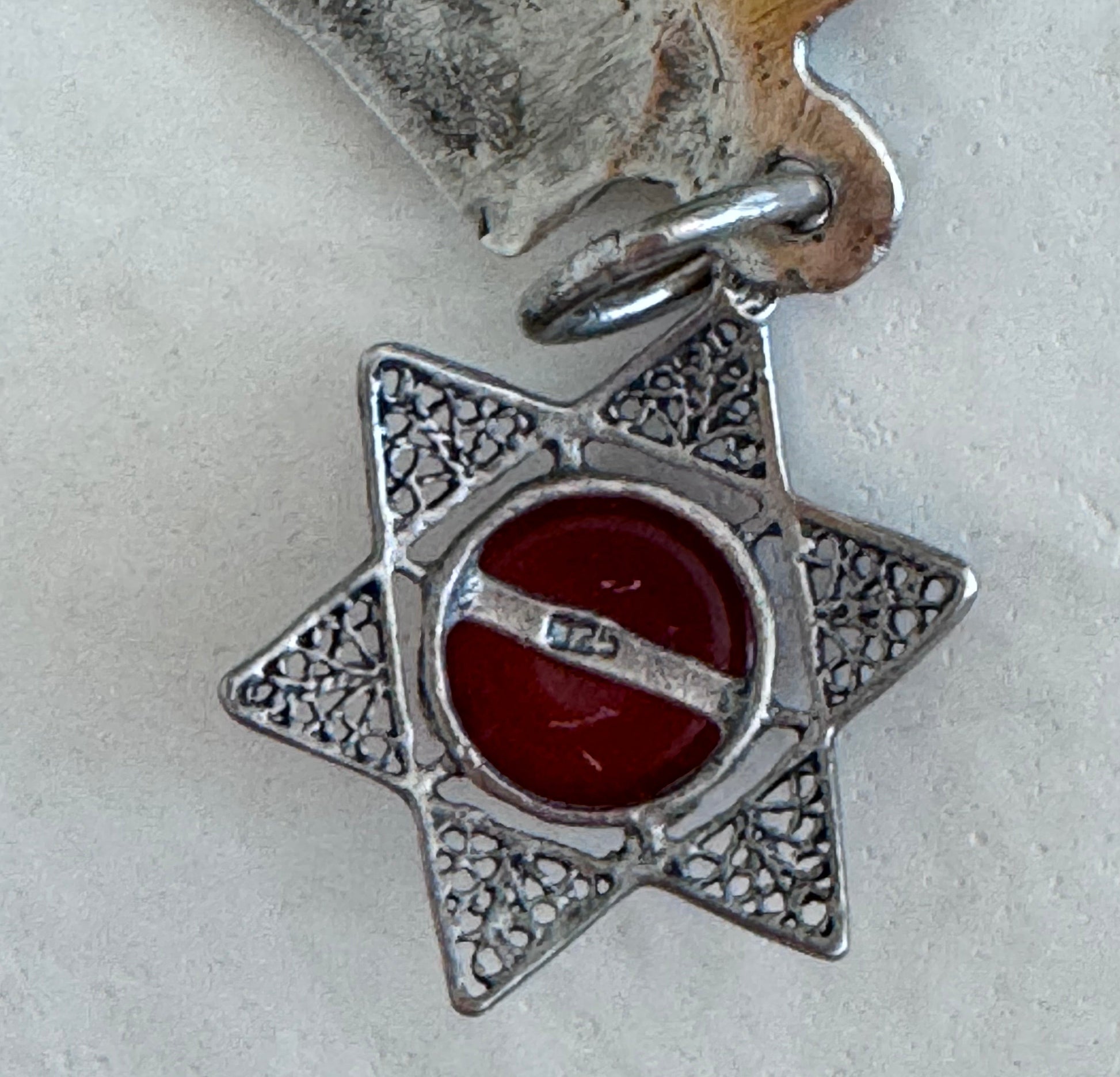 Sterling silver Hamsa hand pendant with Star of David and carnelian stone featuring detailed filigree work and Hebrew text