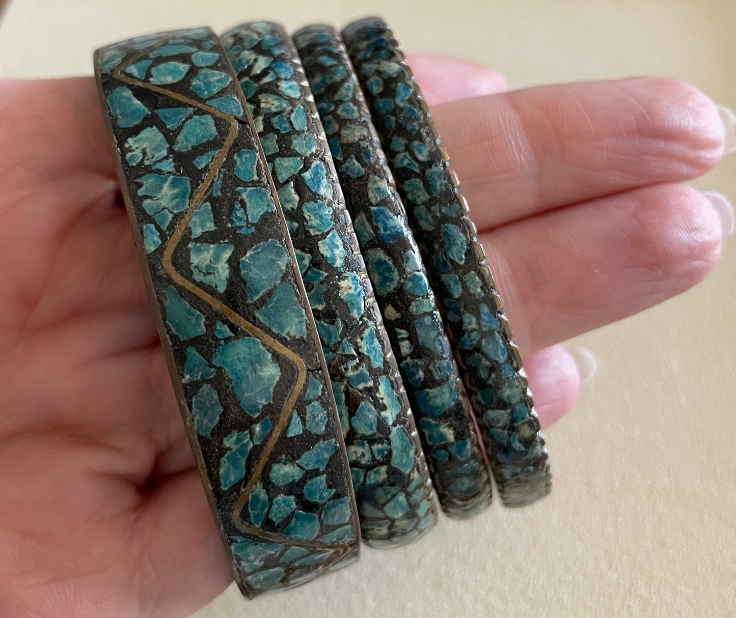 Estate Vintage 1950s Indian Turquoise Mosaic Inlay Brass Bangle Bracelet Set Mid Century