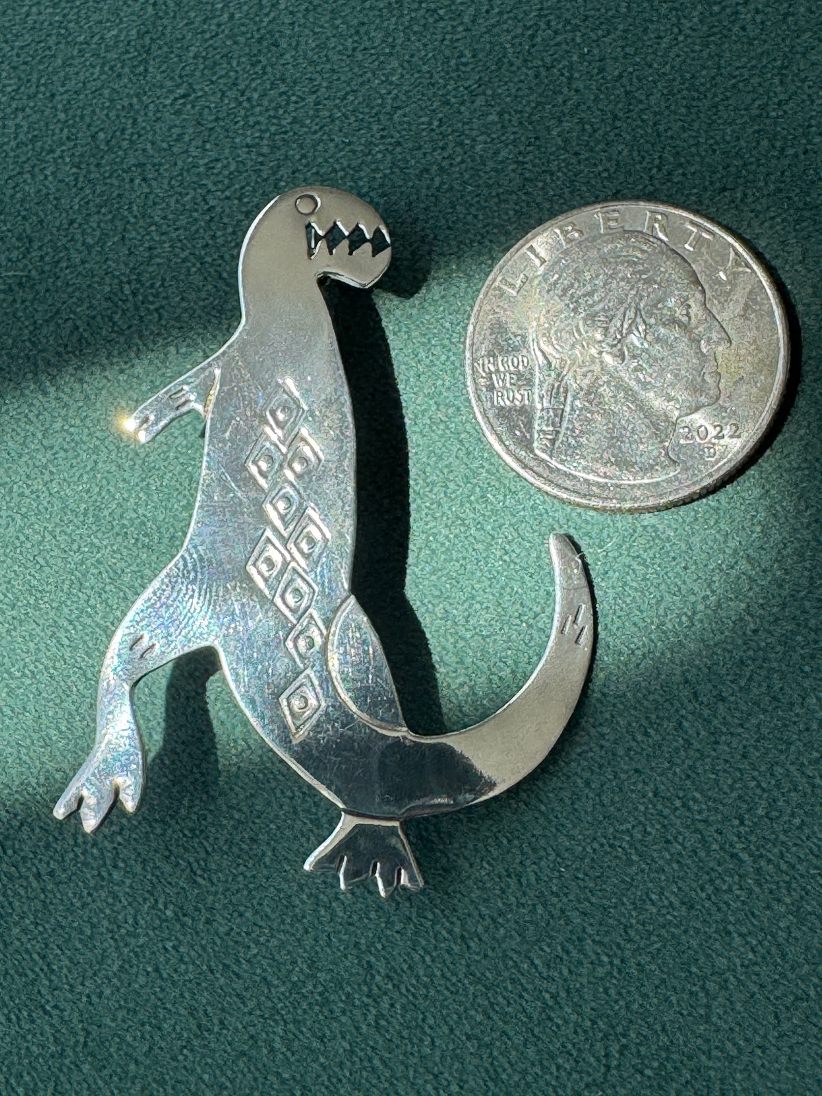 Vintage Sterling Silver Dinosaur Brooch Signed Woods Southwestern Stamped Design Estate Jewelry