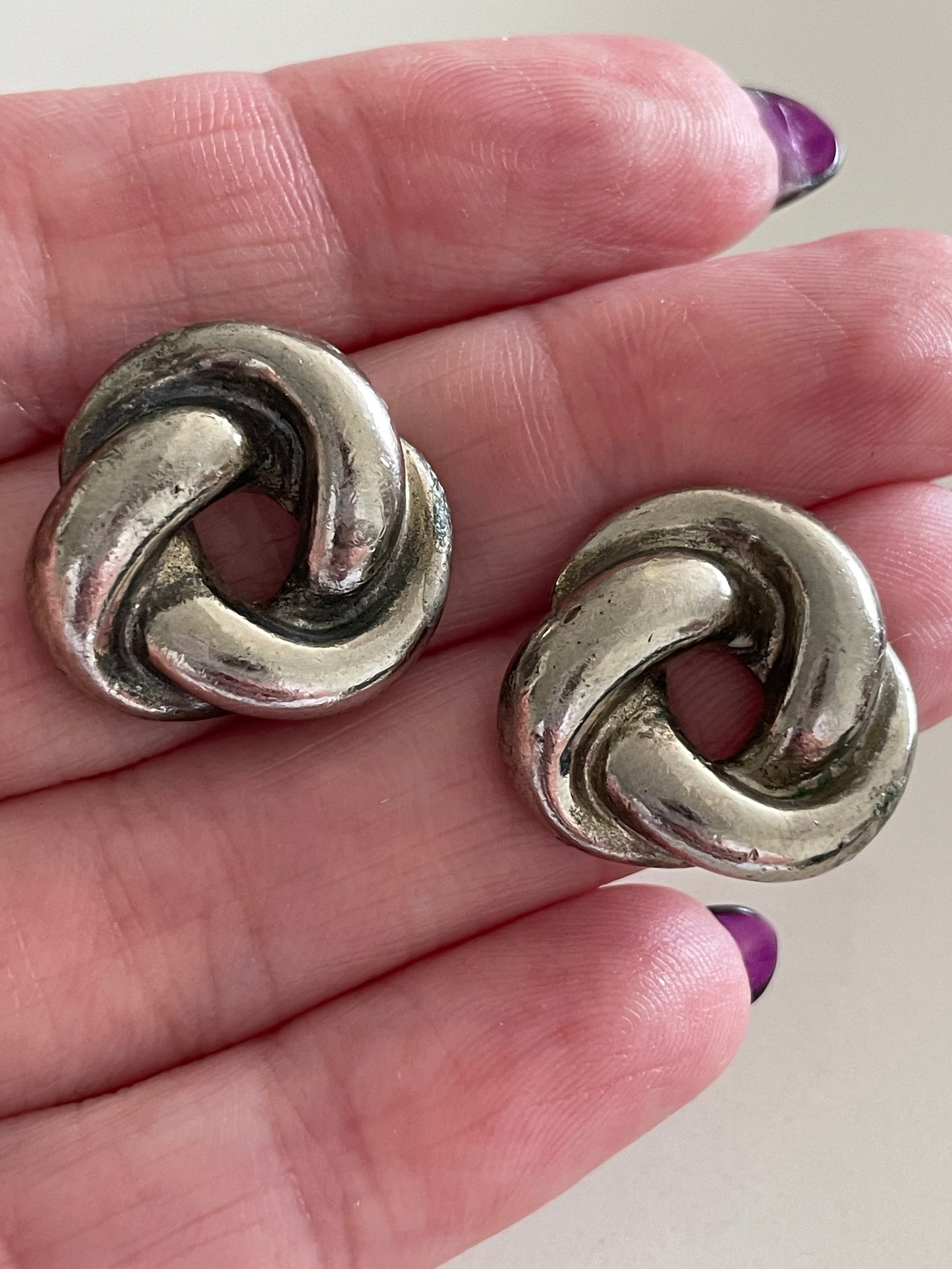 Estate Vintage Sterling Silver Love Knot Stud Earrings Heavy Weight Classic Design