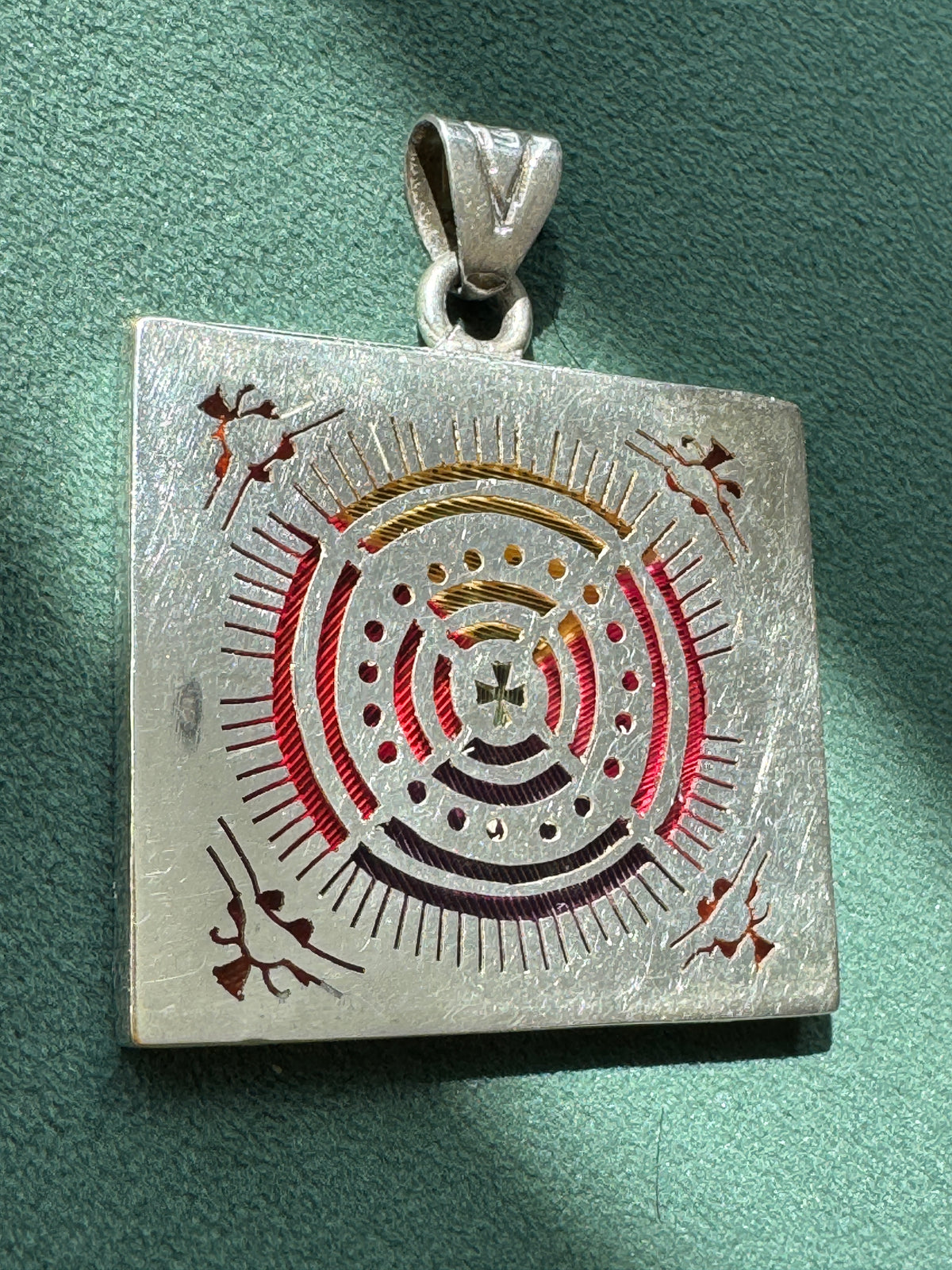 Vintage Mexican Sterling Silver Plique a Jour Enamel Square Pendant Sun Medallion Stained Glass You Can Wear