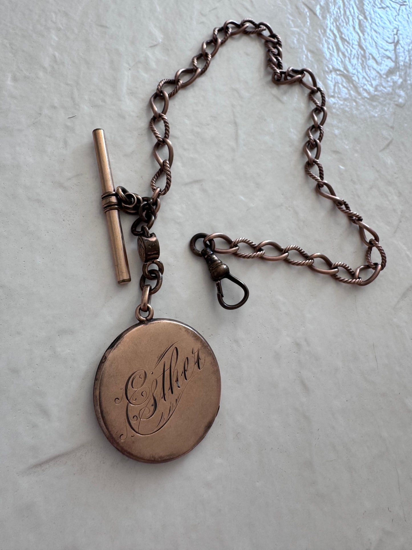 Antique Victorian Rolled Rose Gold Locket Watch Chain Engraved Esther