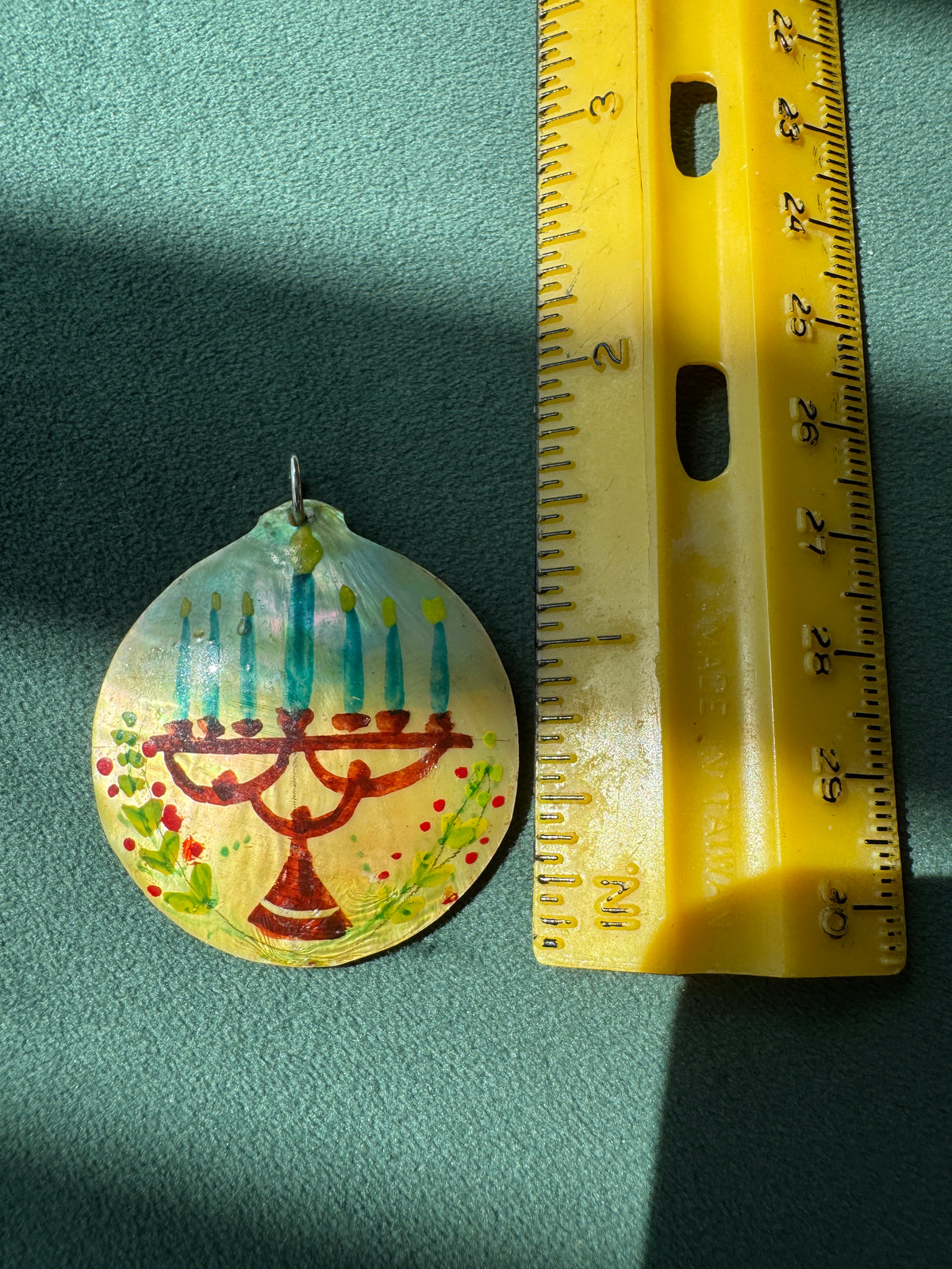 Vintage Hand Painted Mother of Pearl Menorah Pendant Seven Candles Folk Art Judaica