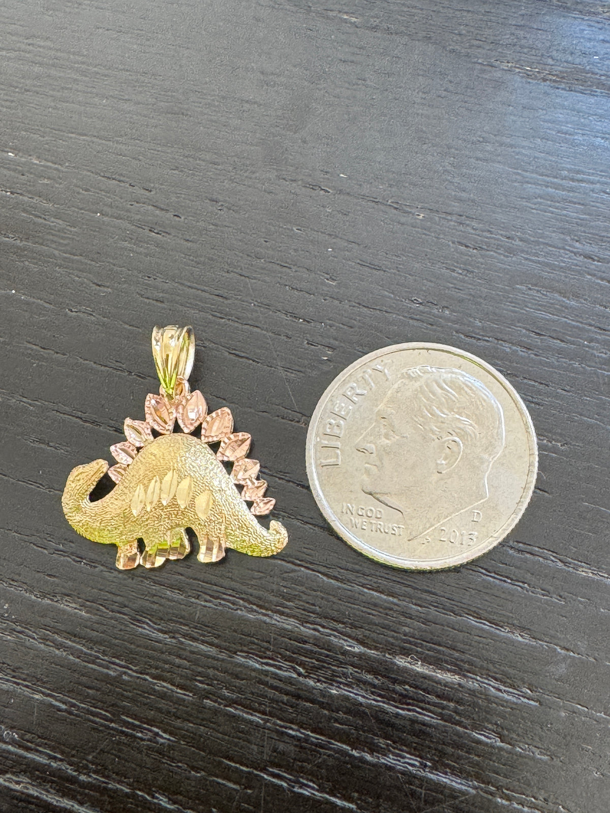 Vintage 14K Two Tone Gold Stegosaurus Pendant Rose and Yellow Gold Diamond Cut Dinosaur Charm With Jurassic Shine