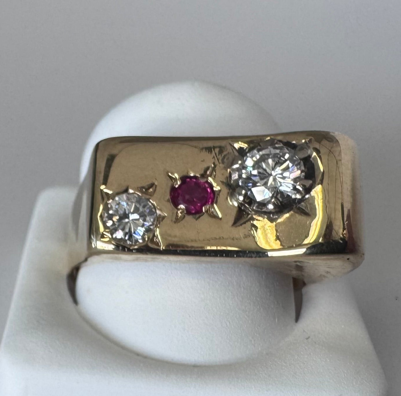 Large and Funky Mid-Century Estate 14K Gold Modernist Ruby and Diamond Ring