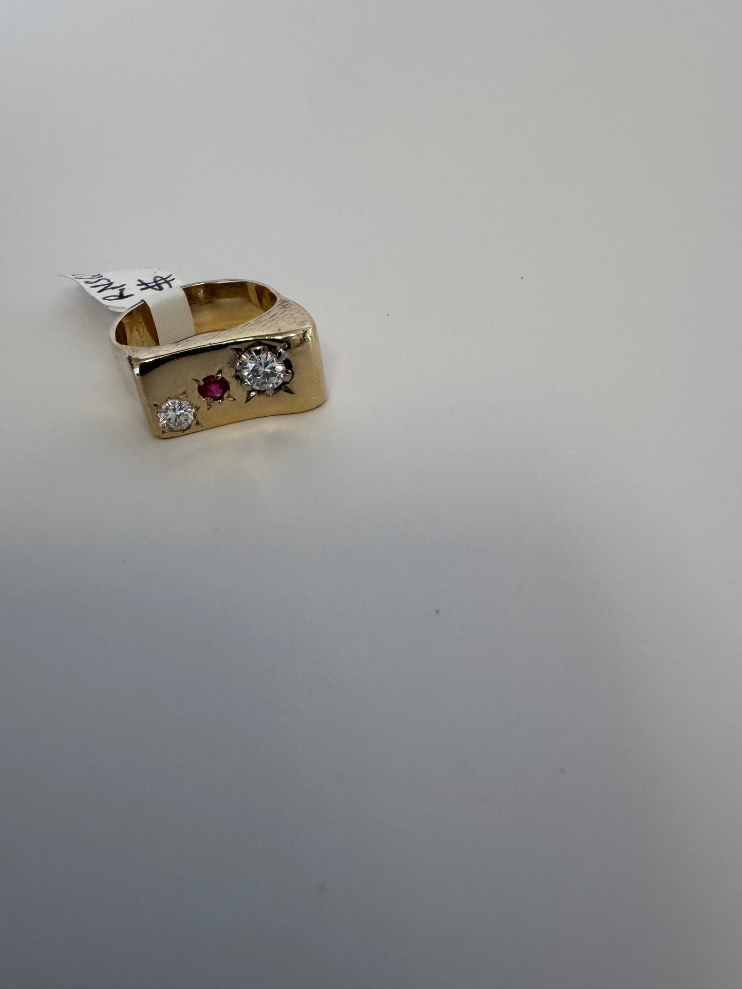 Large and Funky Mid-Century Estate 14K Gold Modernist Ruby and Diamond Ring