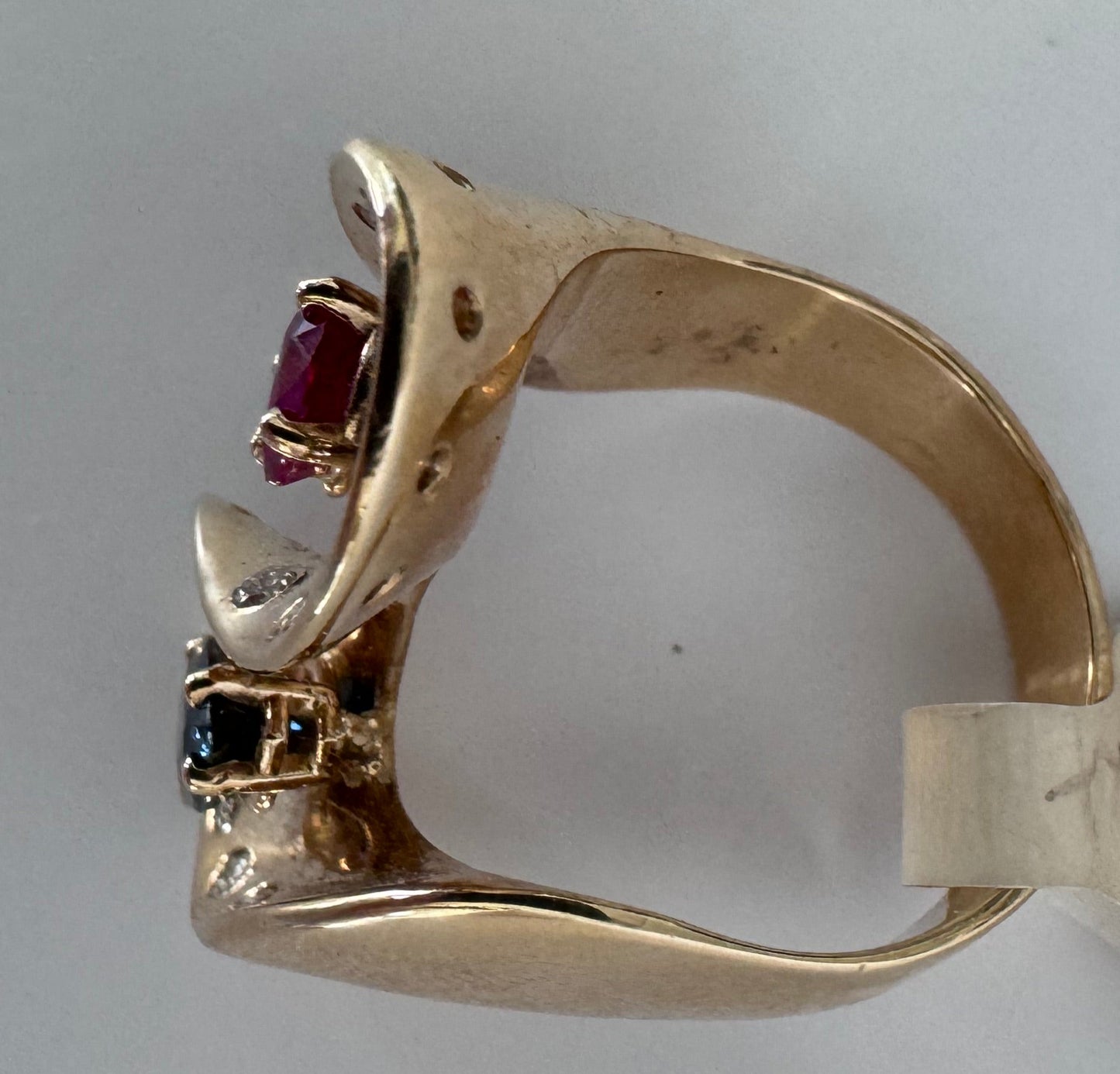 Estate 1970s Space Age 14K Gold Ruby Sapphire Diamond Sculptural Ring