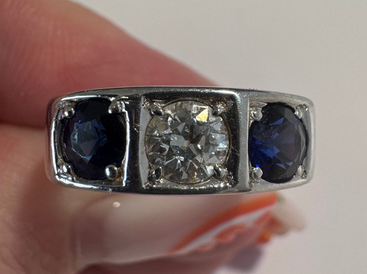 Estate 18K White Gold Art Deco Diamond Sapphire Ring Size