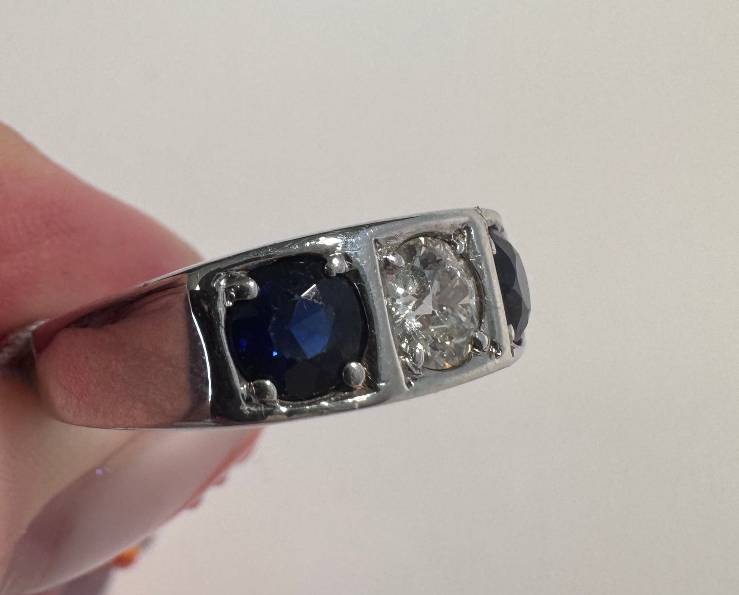 Estate 18K White Gold Art Deco Diamond Sapphire Ring Size