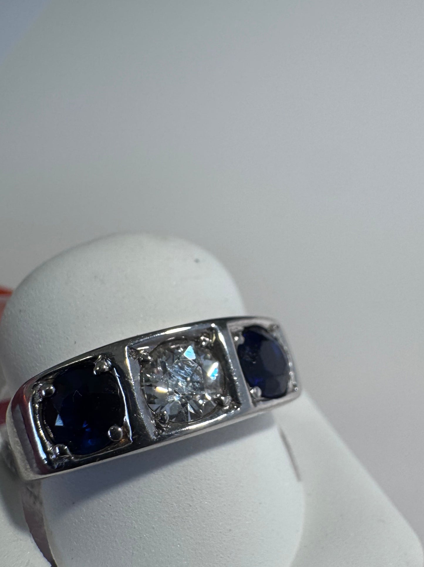 Estate 18K White Gold Art Deco Diamond Sapphire Ring Size