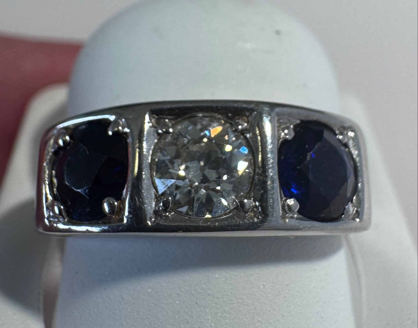 Estate 18K White Gold Art Deco Diamond Sapphire Ring Size