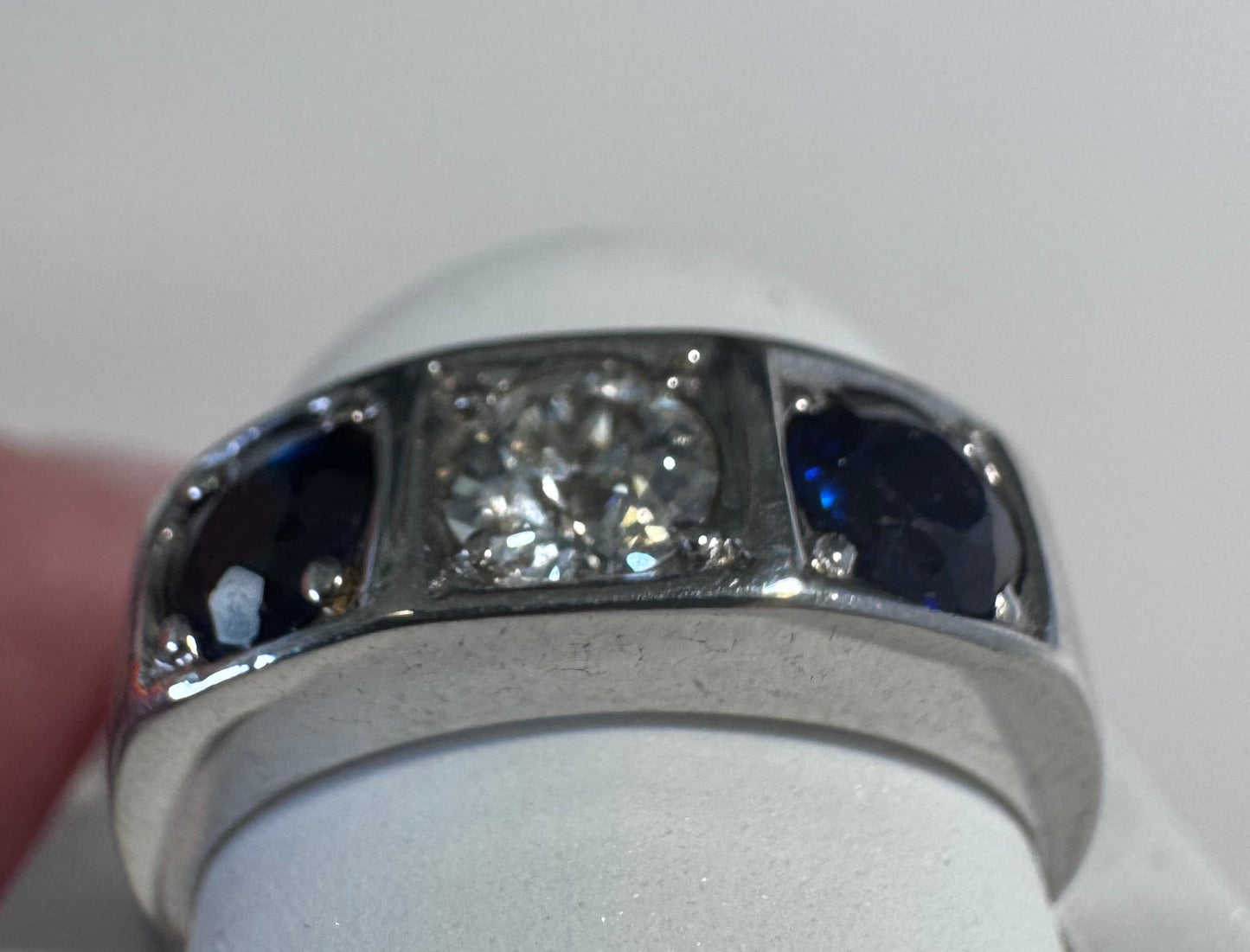 Estate 18K White Gold Art Deco Diamond Sapphire Ring Size
