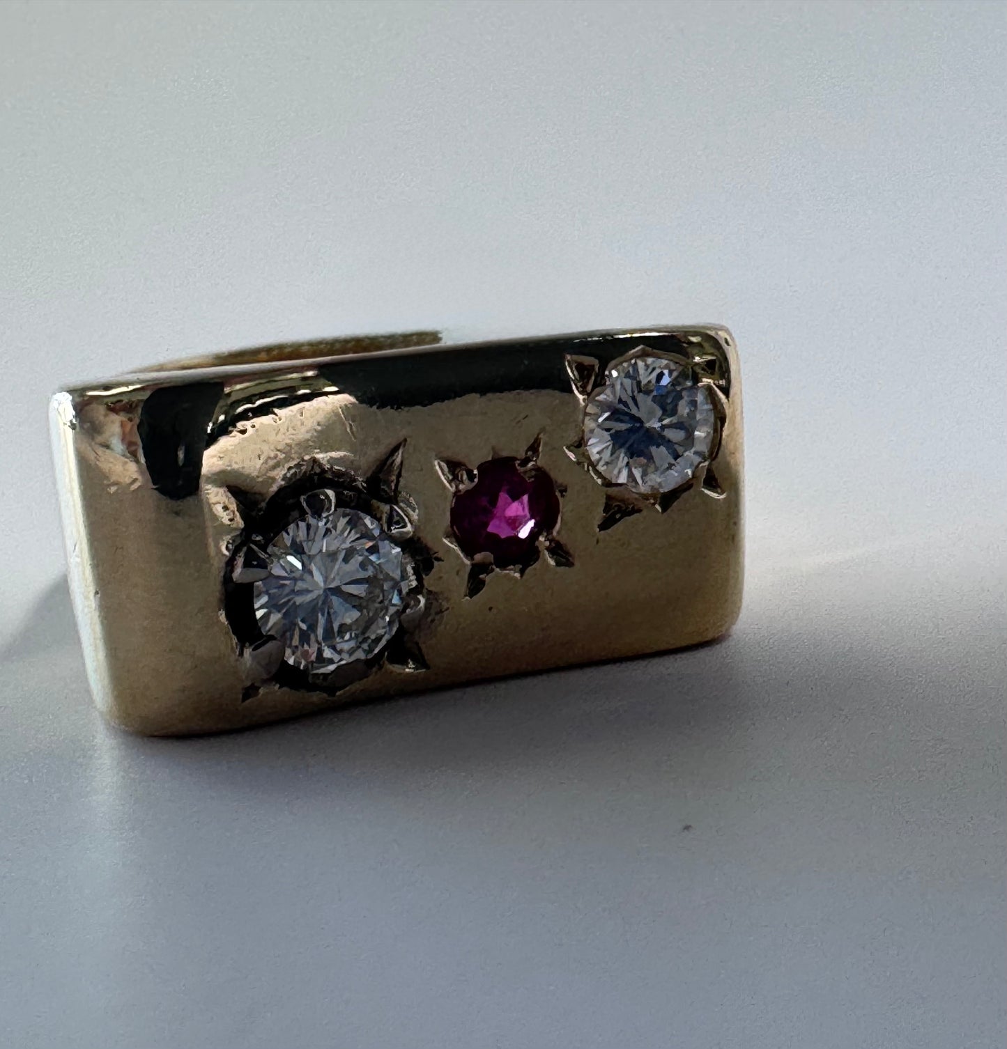 Large and Funky Mid-Century Estate 14K Gold Modernist Ruby and Diamond Ring