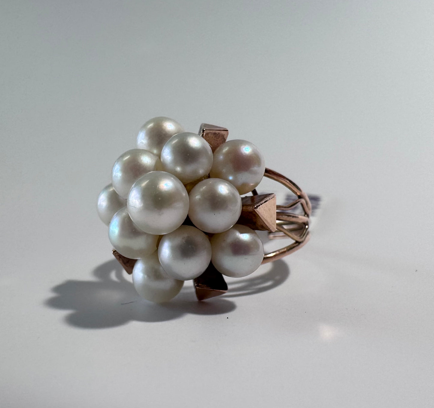 Estate 14K yellow gold pearl cluster cocktail ring size 6.25 mid-century design