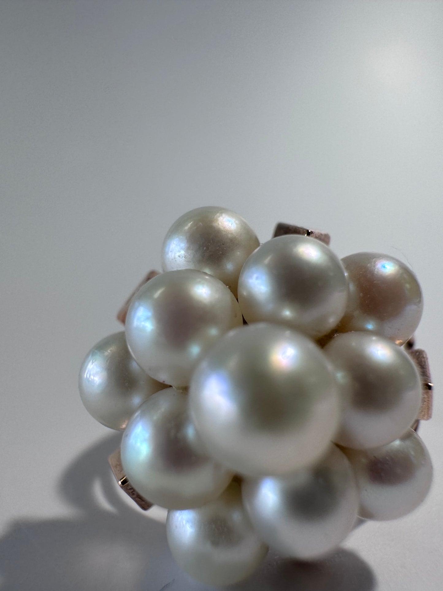 Estate 14K yellow gold pearl cluster cocktail ring size 6.25 mid-century design