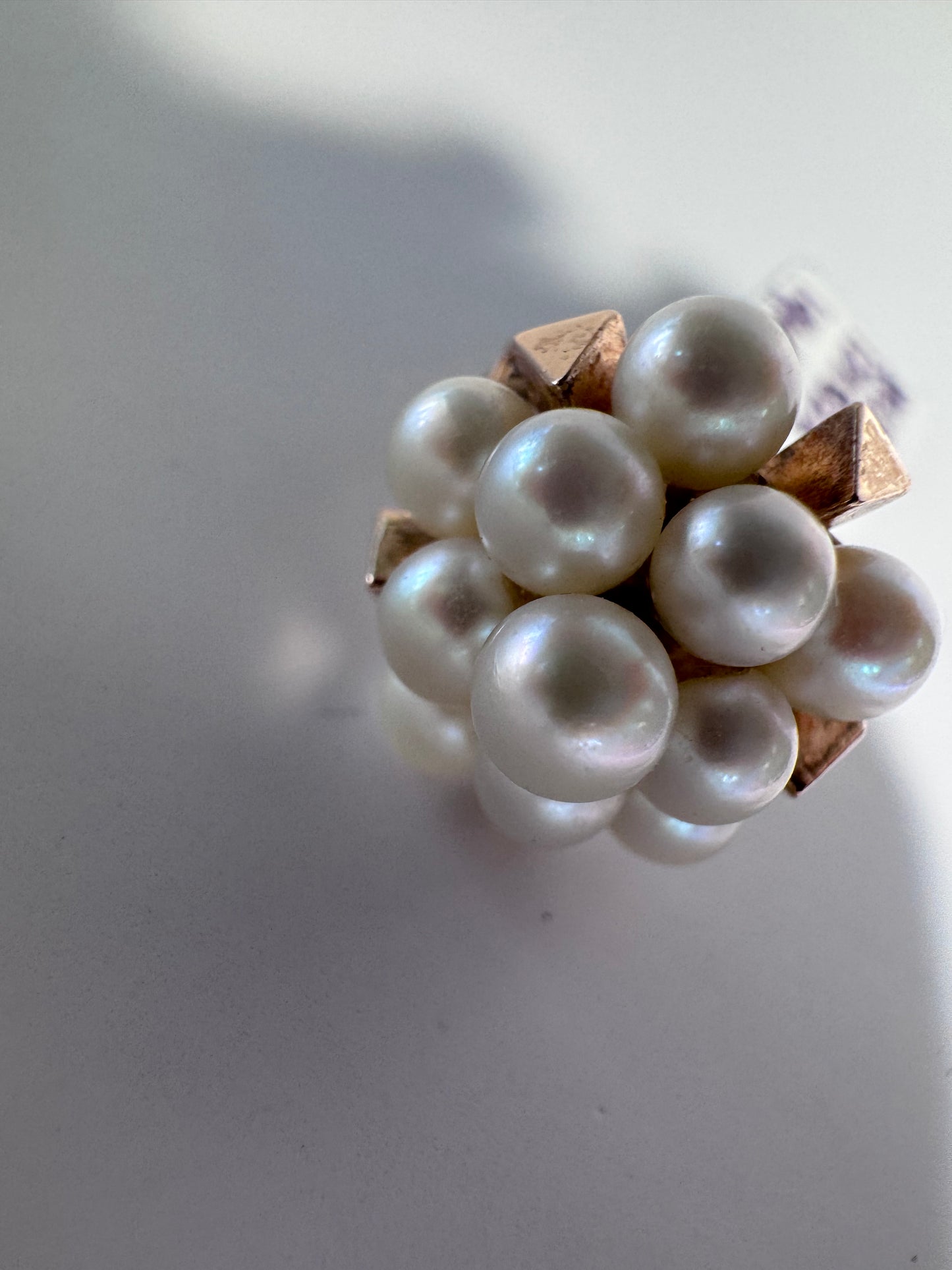 Estate 14K yellow gold pearl cluster cocktail ring size 6.25 mid-century design