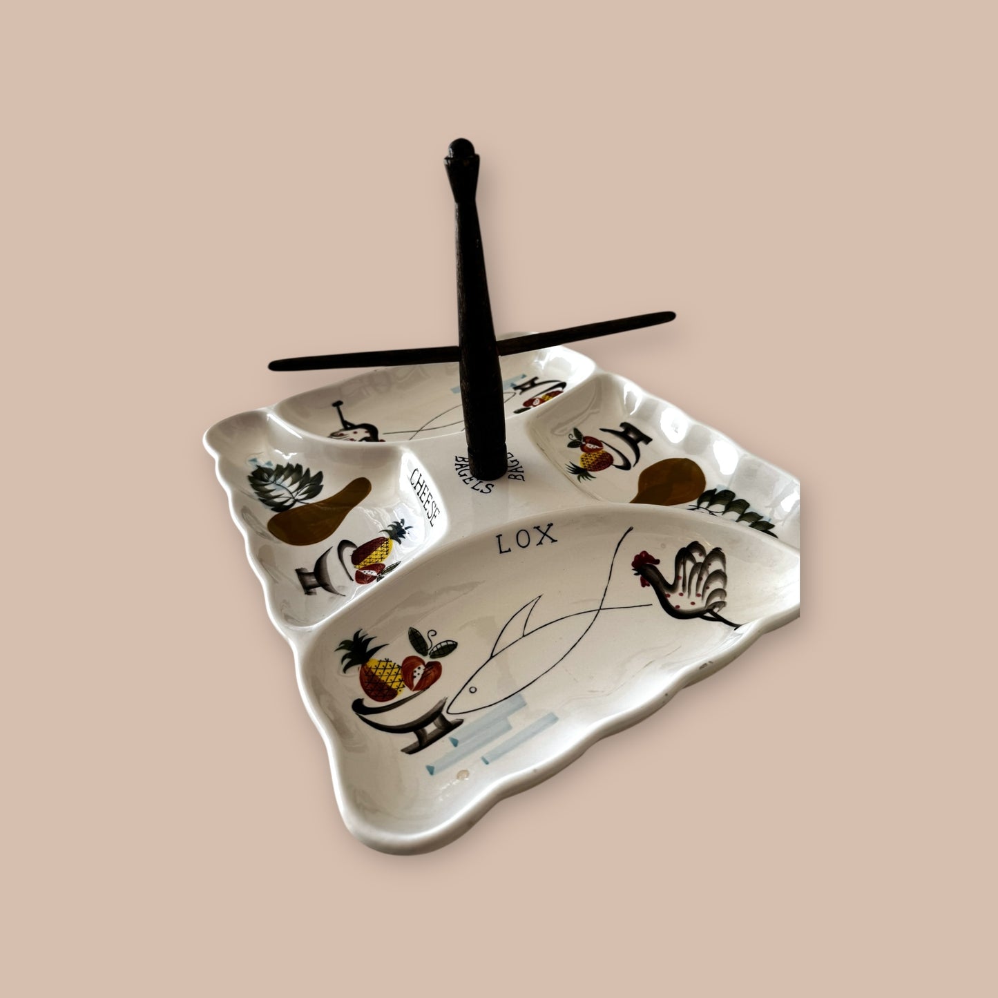 Vintage Ceramic Bagel and Lox Serving Plate with Center Bagel Holder Mid-Century Entertaining