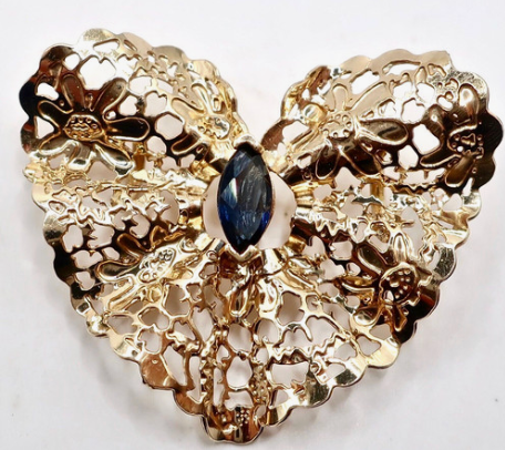 Estate Vintage 1980s 14K Gold Sapphire Heart Slide Pendant - Pierced Filigree Design