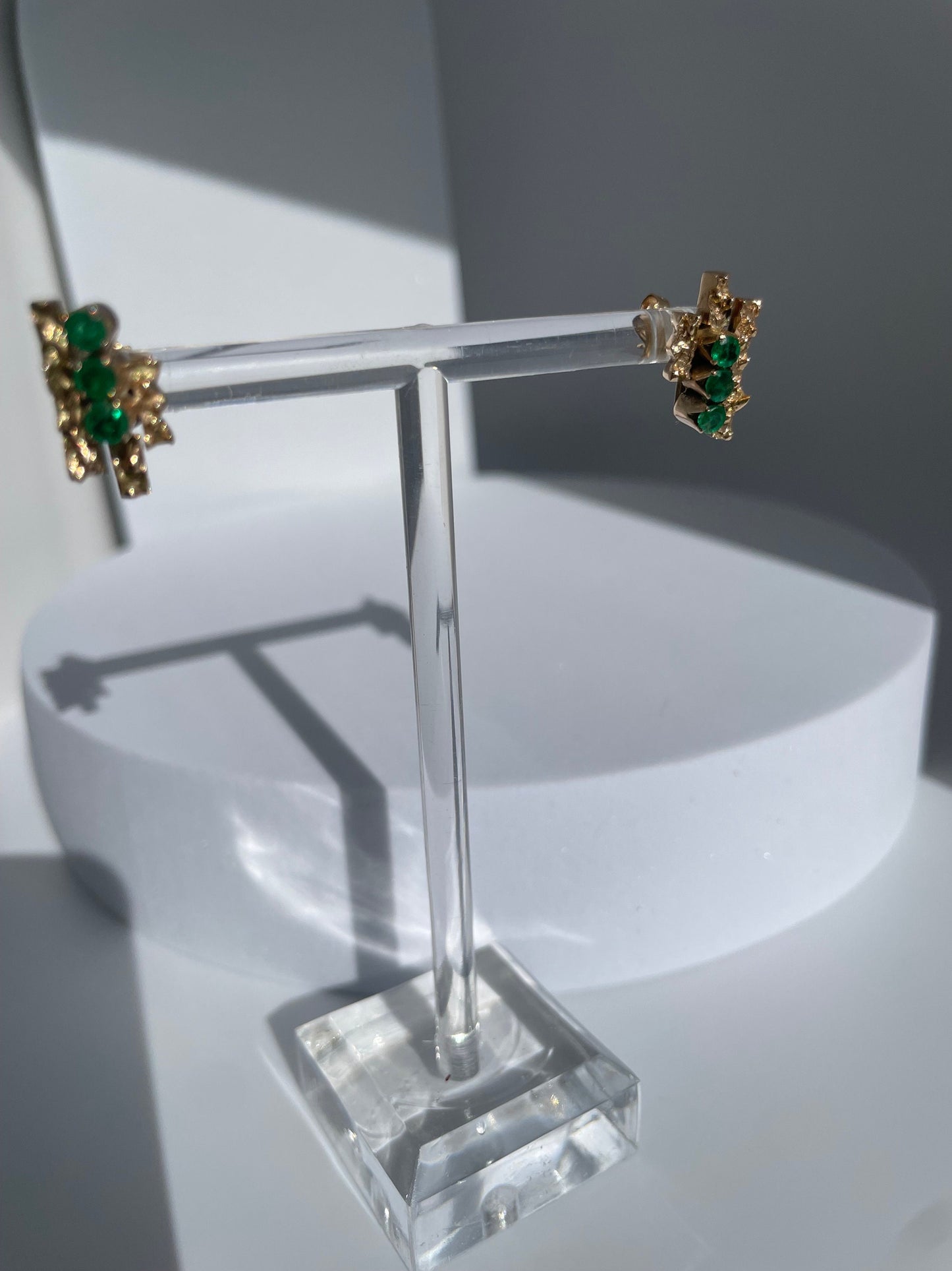 Vintage 10k gold brutalist modernist earrings with emeralds and diamonds, textured sculptural design converted from screw-backs to posts