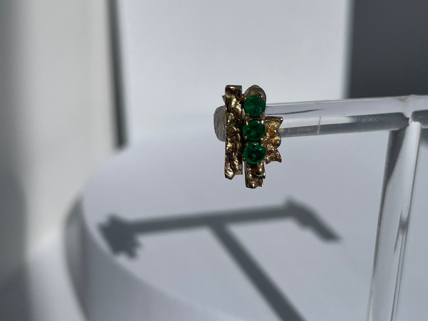 Vintage 10k gold brutalist modernist earrings with emeralds and diamonds, textured sculptural design converted from screw-backs to posts