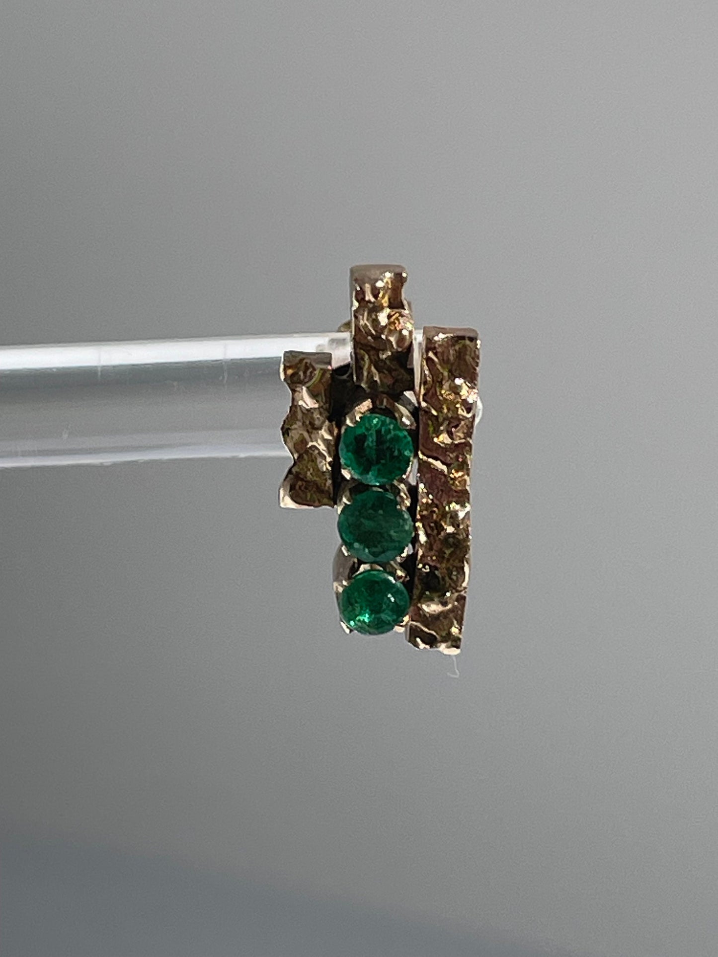 Vintage 10k gold brutalist modernist earrings with emeralds and diamonds, textured sculptural design converted from screw-backs to posts