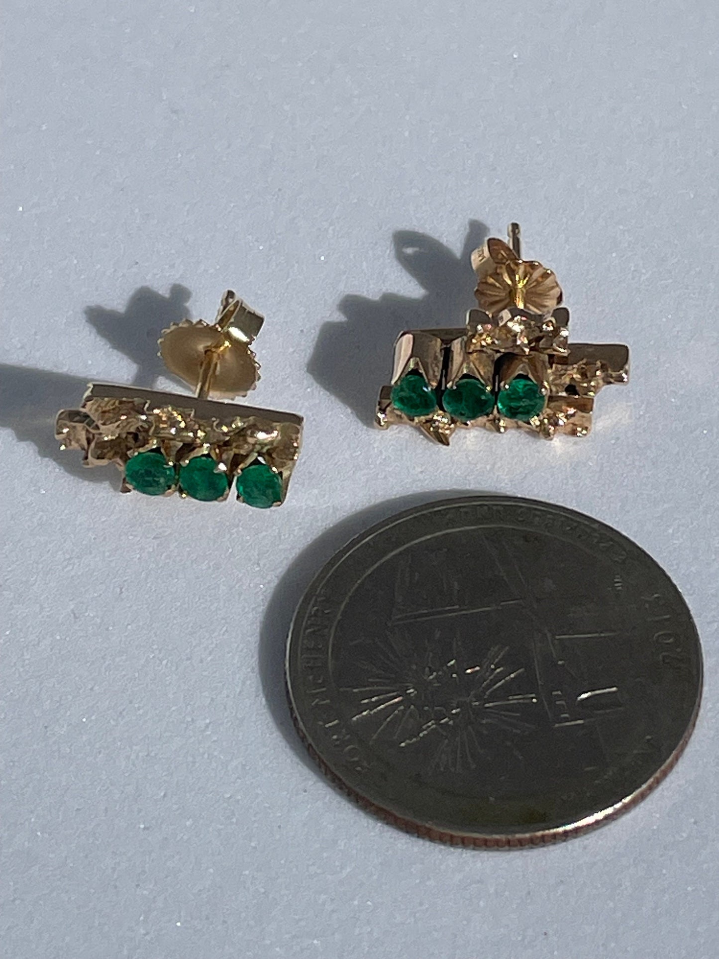 Vintage 10k gold brutalist modernist earrings with emeralds and diamonds, textured sculptural design converted from screw-backs to posts