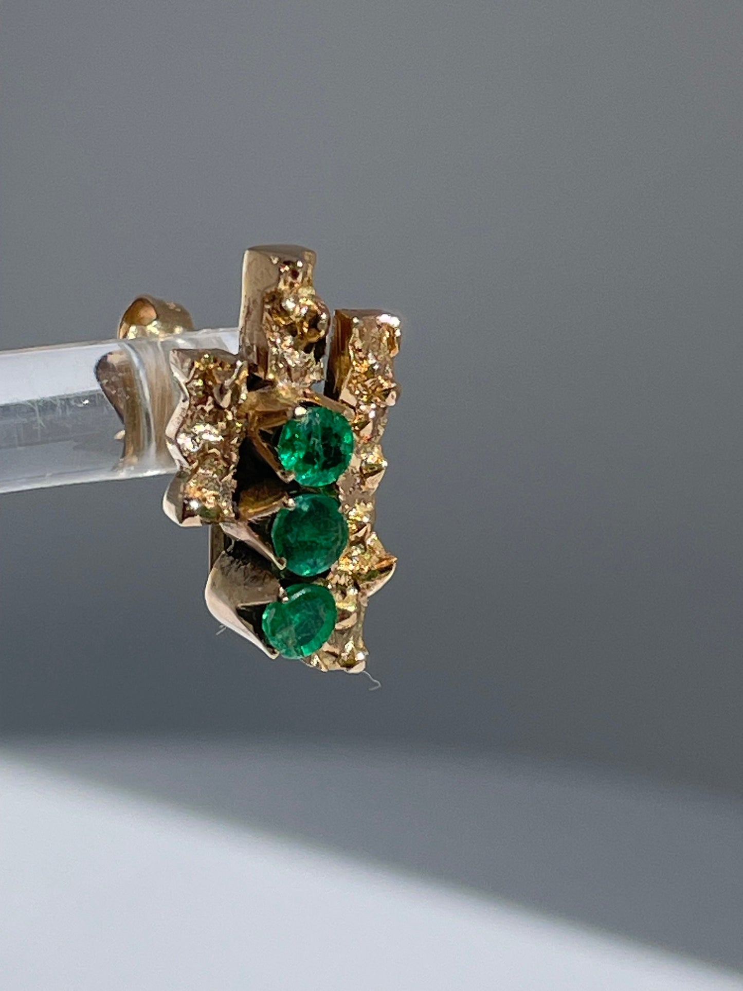 Vintage 10k gold brutalist modernist earrings with emeralds and diamonds, textured sculptural design converted from screw-backs to posts