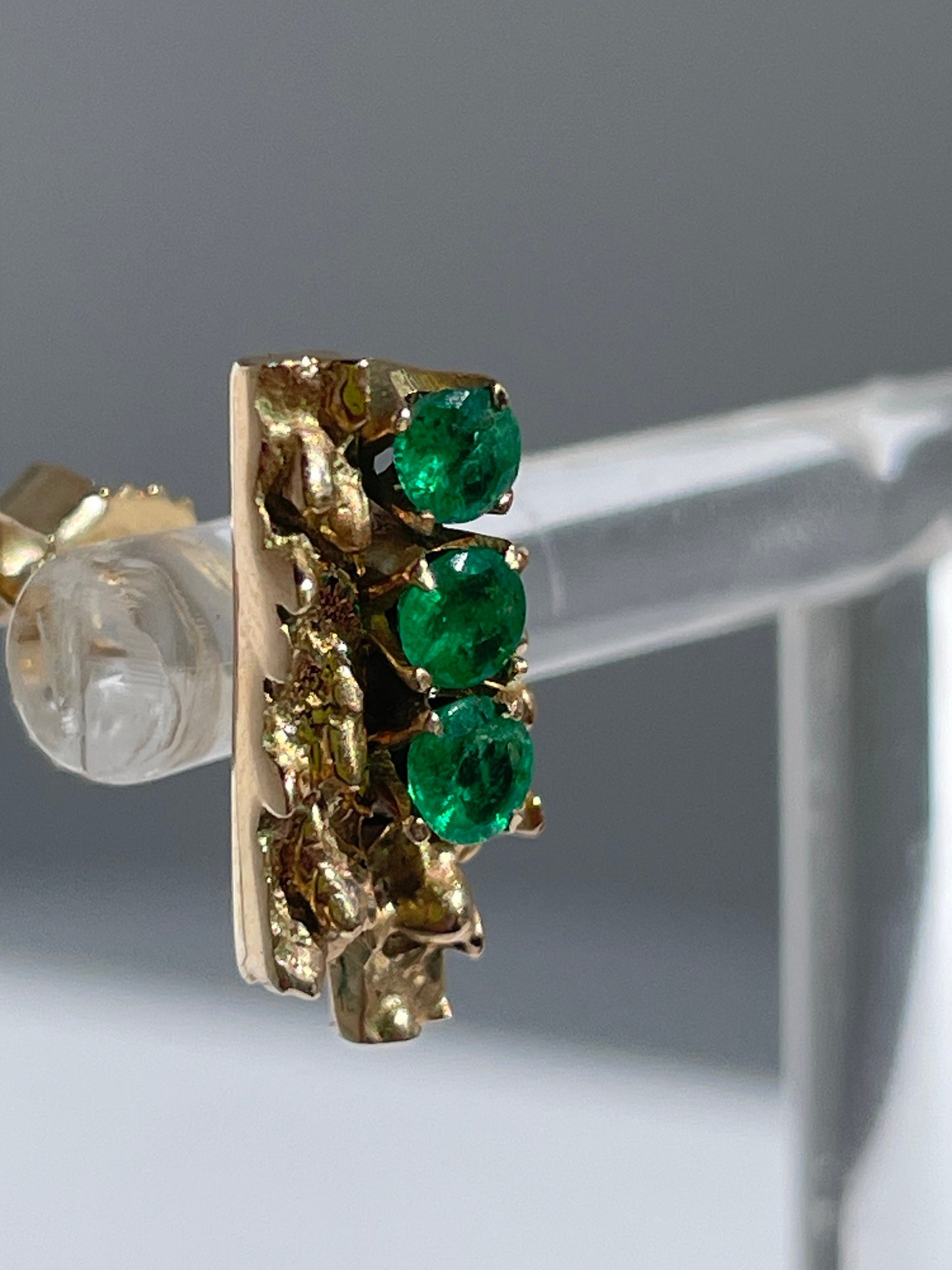 Vintage 10k gold brutalist modernist earrings with emeralds and diamonds, textured sculptural design converted from screw-backs to posts
