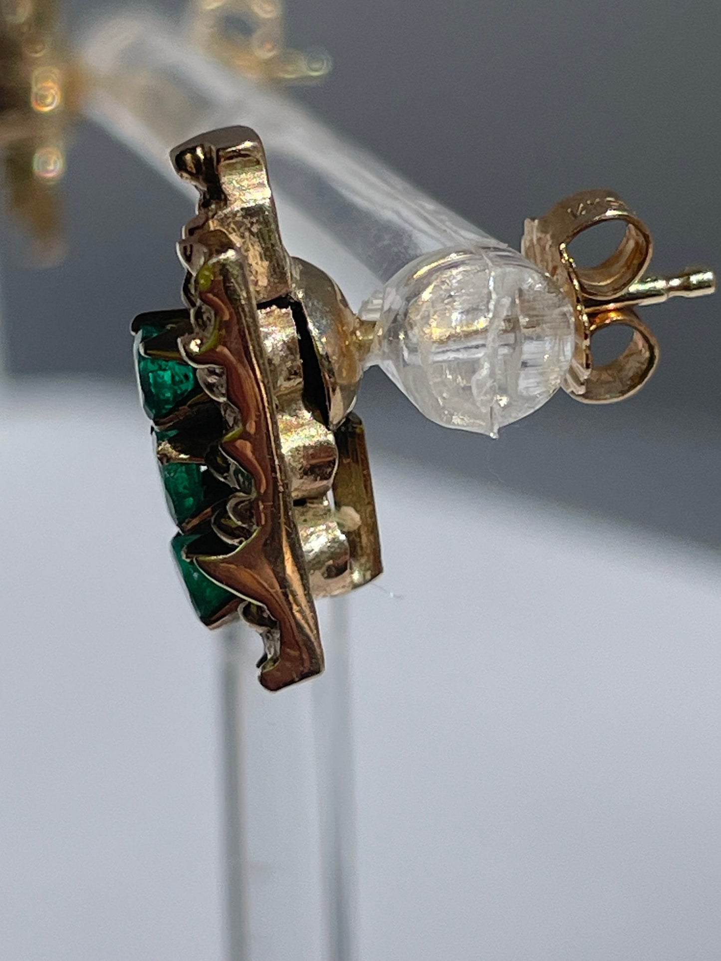 Vintage 10k gold brutalist modernist earrings with emeralds and diamonds, textured sculptural design converted from screw-backs to posts