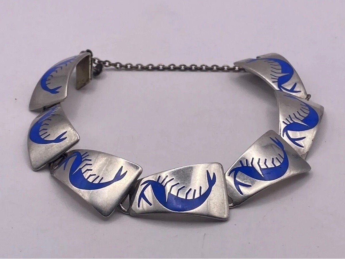 Vintage Mexican Enamel Cobalt Blue Shrimp Sterling Silver Panel Bracelet Taxco