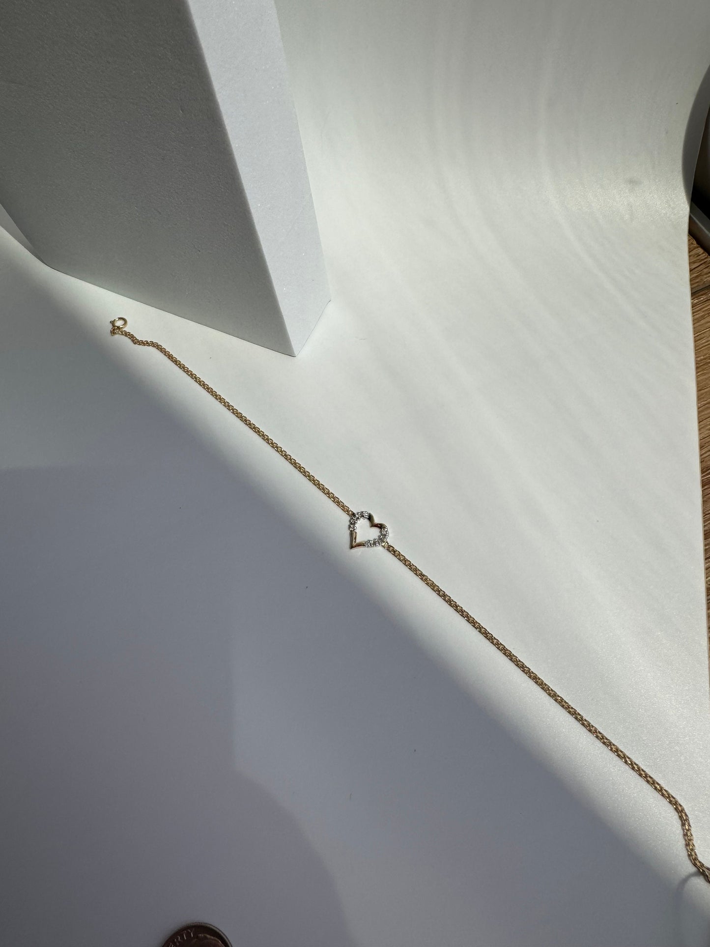 Vintage Estate Deadstock Heart Anklet in 14k and Diamonds