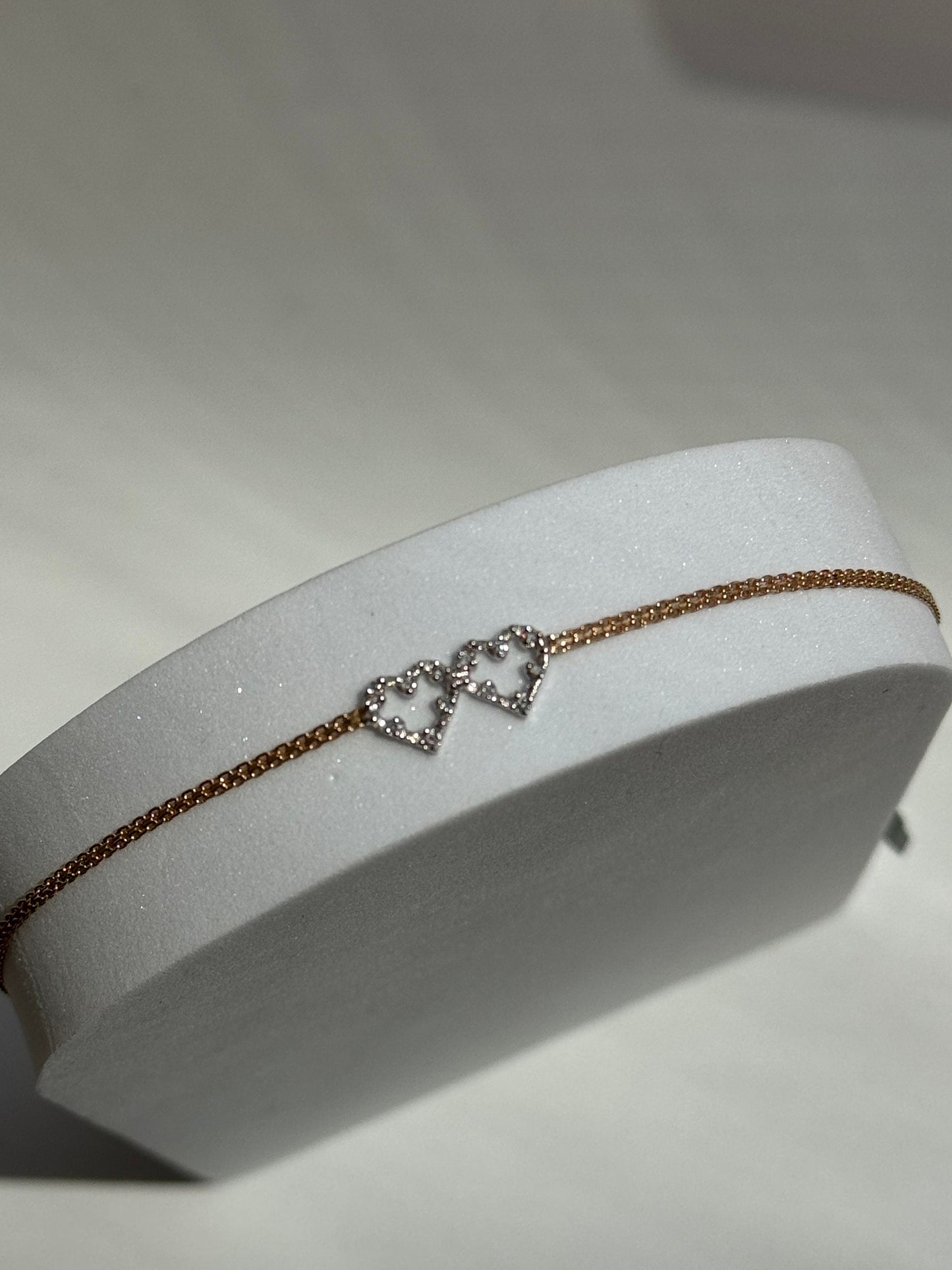 Vintage Estate Deadstock White & Yellow Gold Double Heart Anklet in 14k and Diamonds