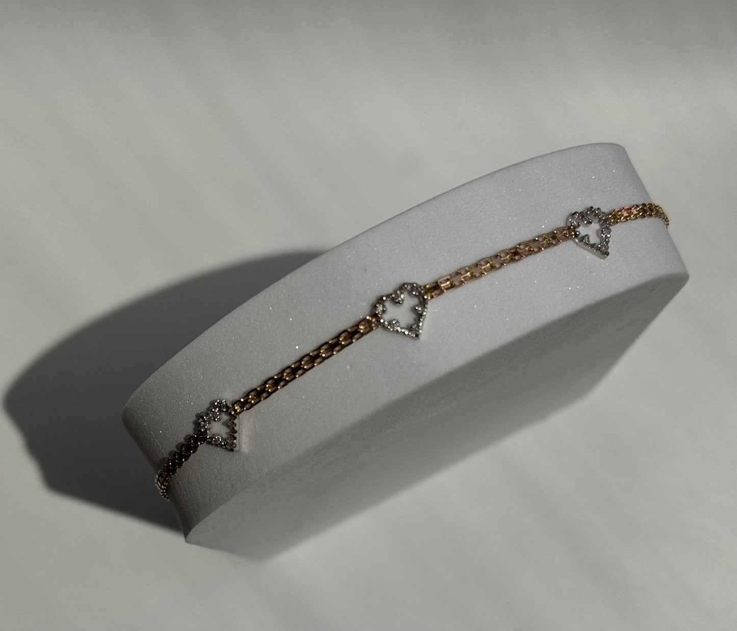 Vintage Estate Deadstock Triple Heart Anklet in 14k Gold and Diamonds