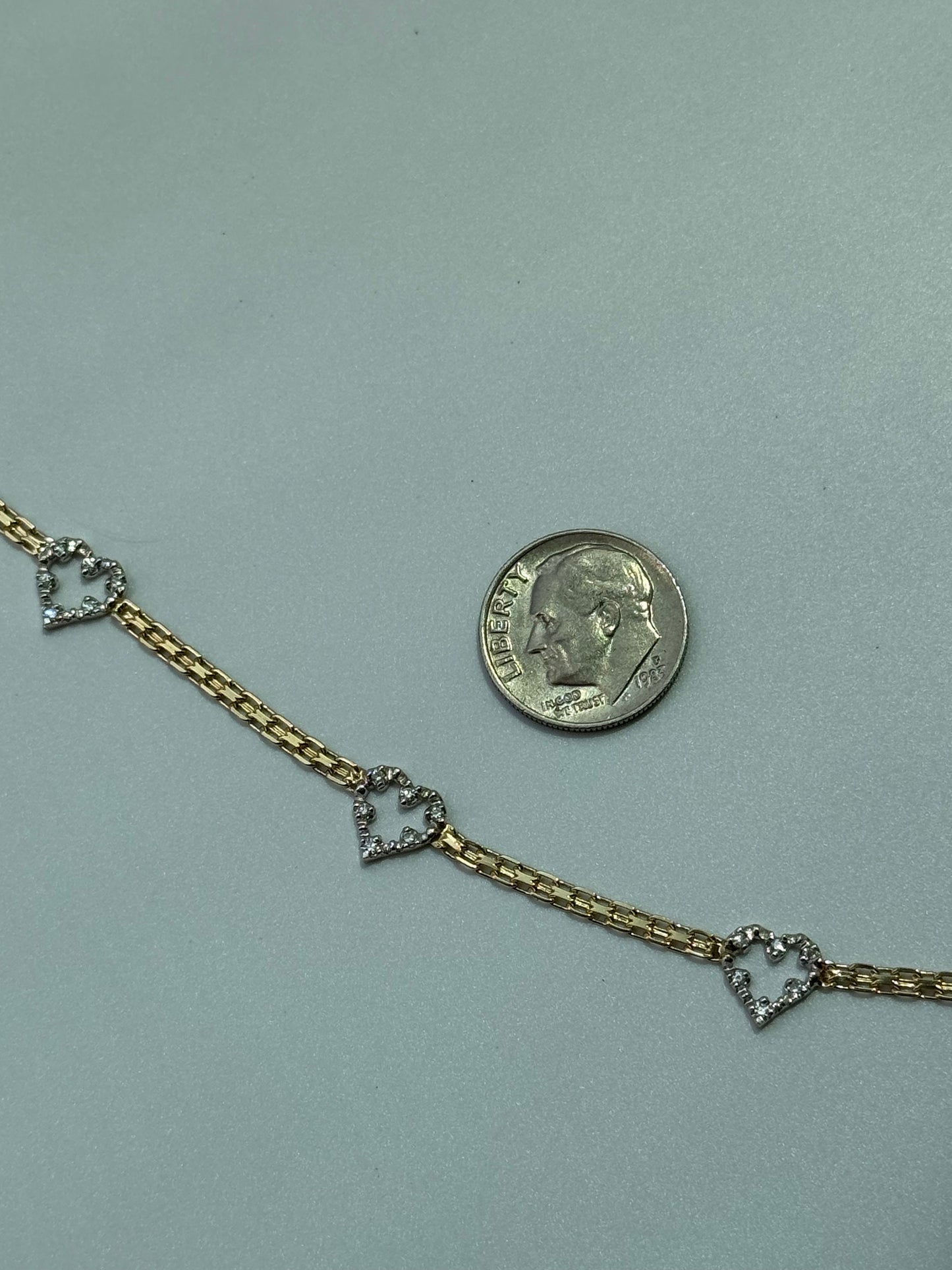 Vintage Estate Deadstock Triple Heart Anklet in 14k Gold and Diamonds