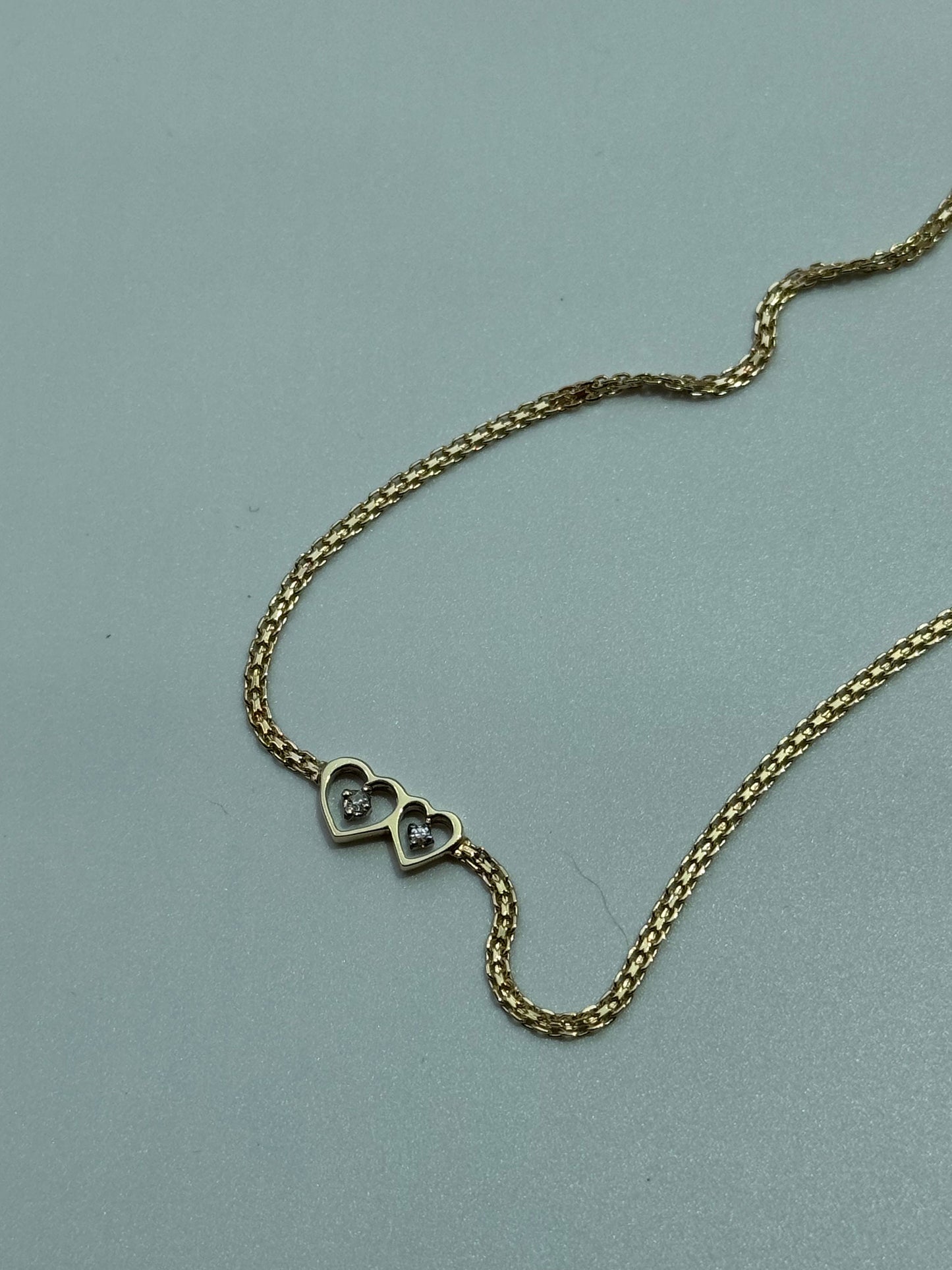 Vintage Estate Deadstock White Gold Two Hearts Anklet in 14k and Diamonds