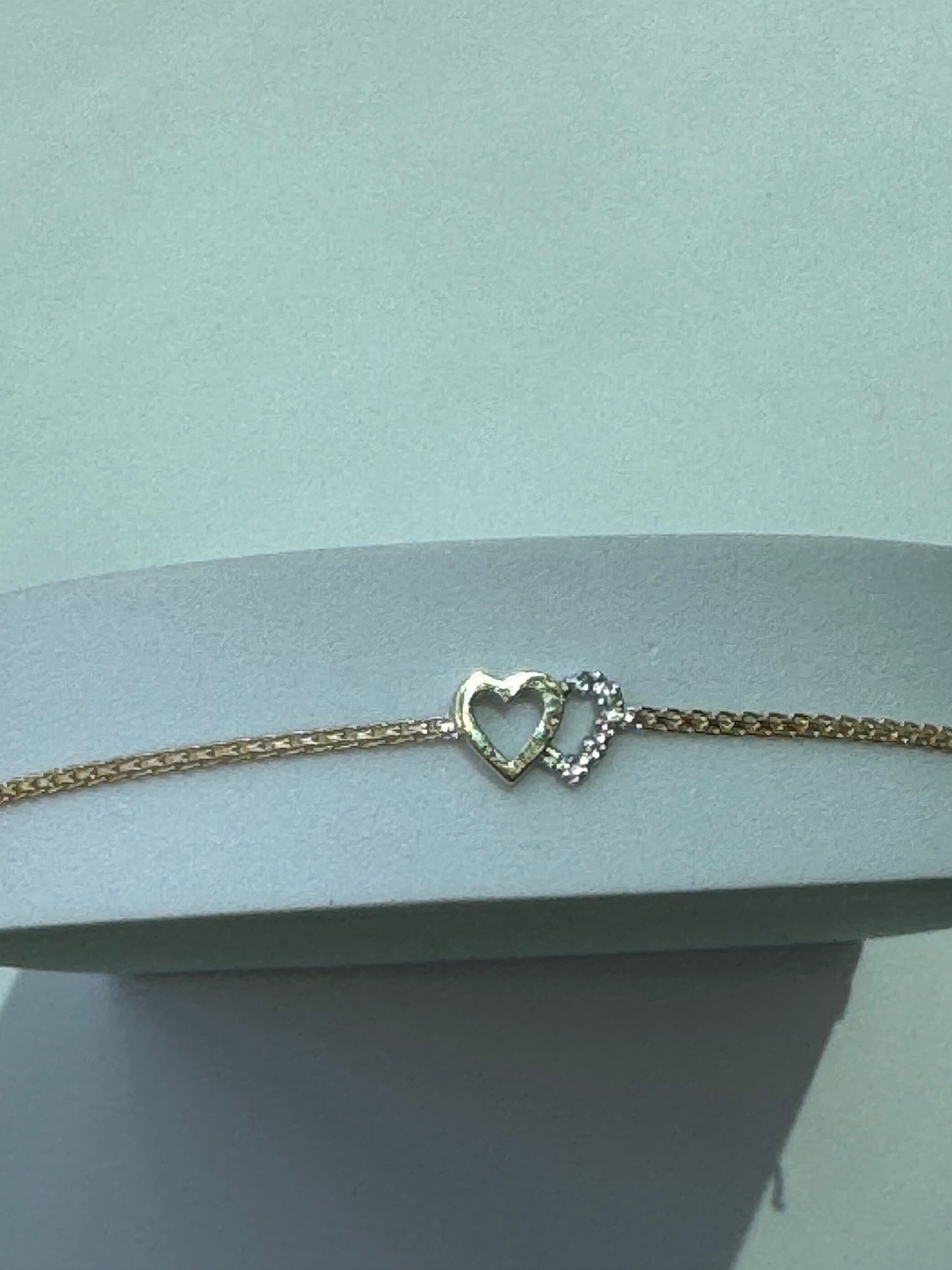 Vintage Estate Deadstock White & Yellow Gold Double Hearts Anklet in 14k and Diamonds