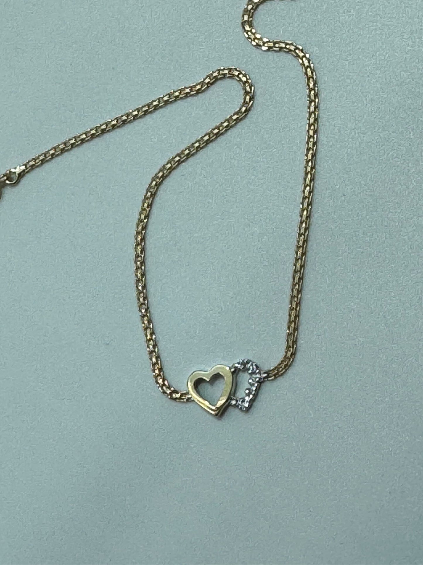 Vintage Estate Deadstock White & Yellow Gold Double Hearts Anklet in 14k and Diamonds