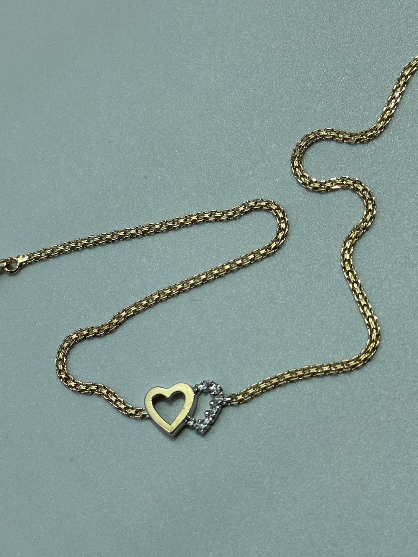 Vintage Estate Deadstock White & Yellow Gold Double Hearts Anklet in 14k and Diamonds
