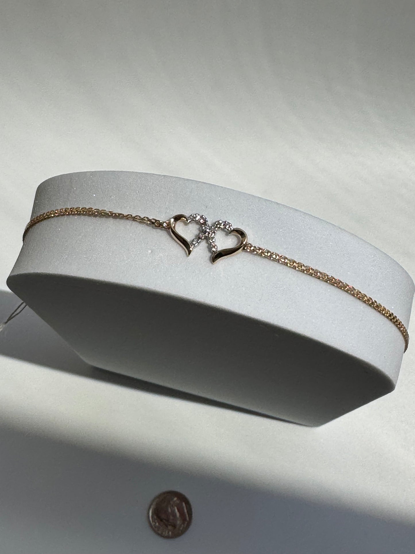 Vintage Estate Deadstock White Double Heart Anklet in 14k and Diamonds