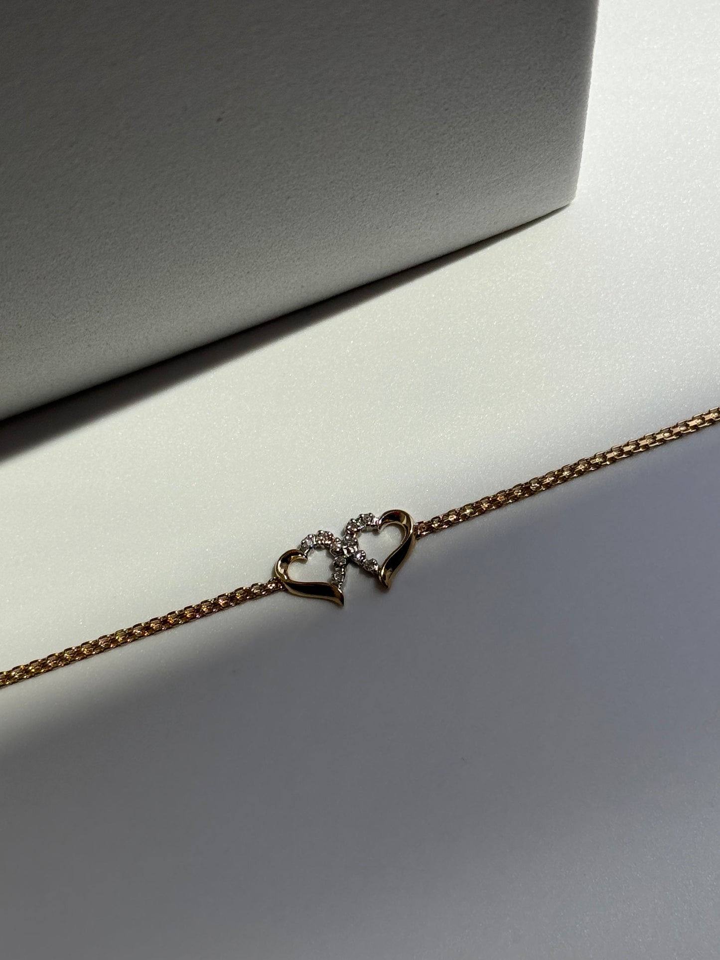 Vintage Estate Deadstock White Double Heart Anklet in 14k and Diamonds