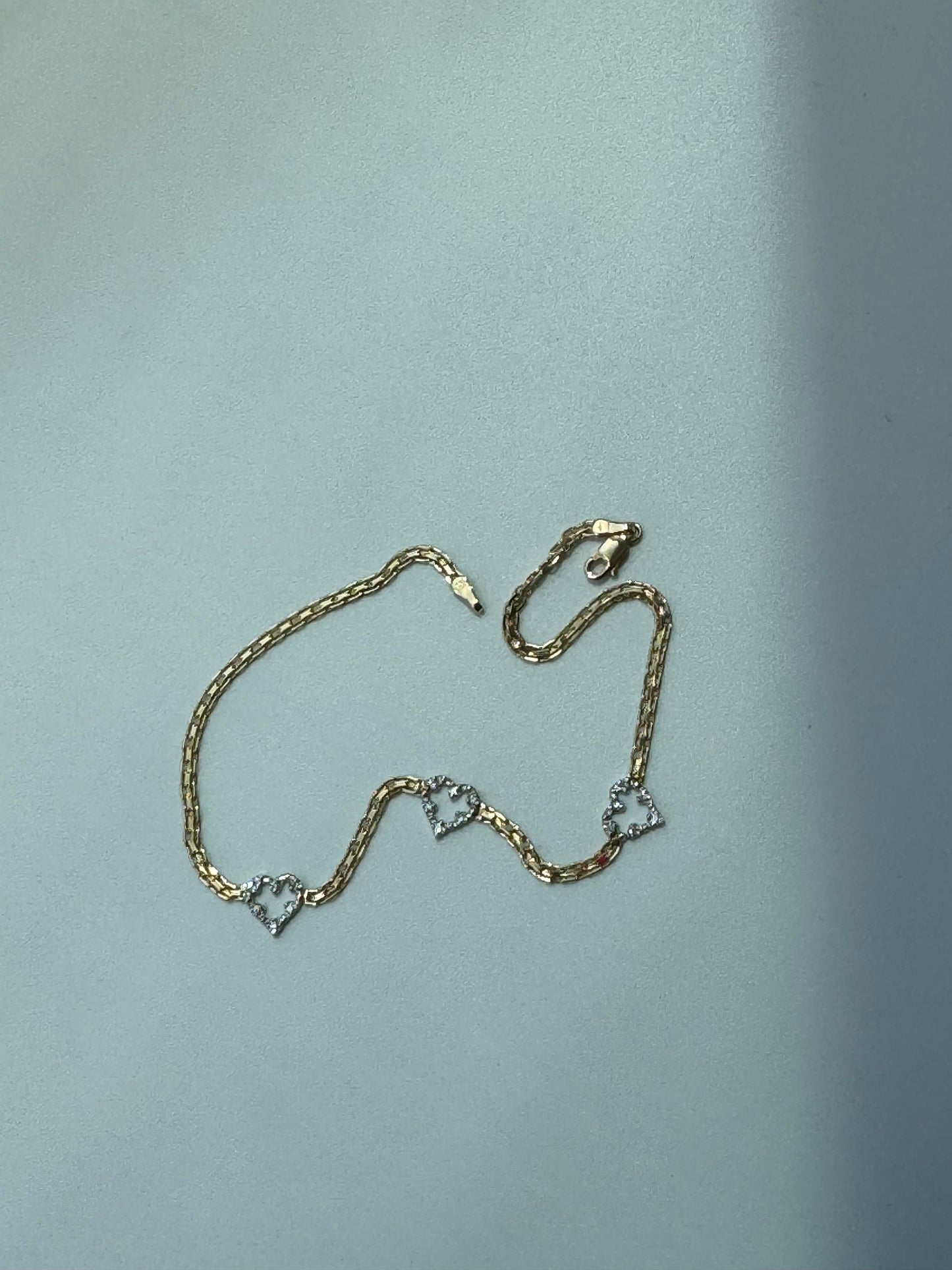 Vintage Estate Deadstock Triple Heart Anklet in 14k Gold and Diamonds