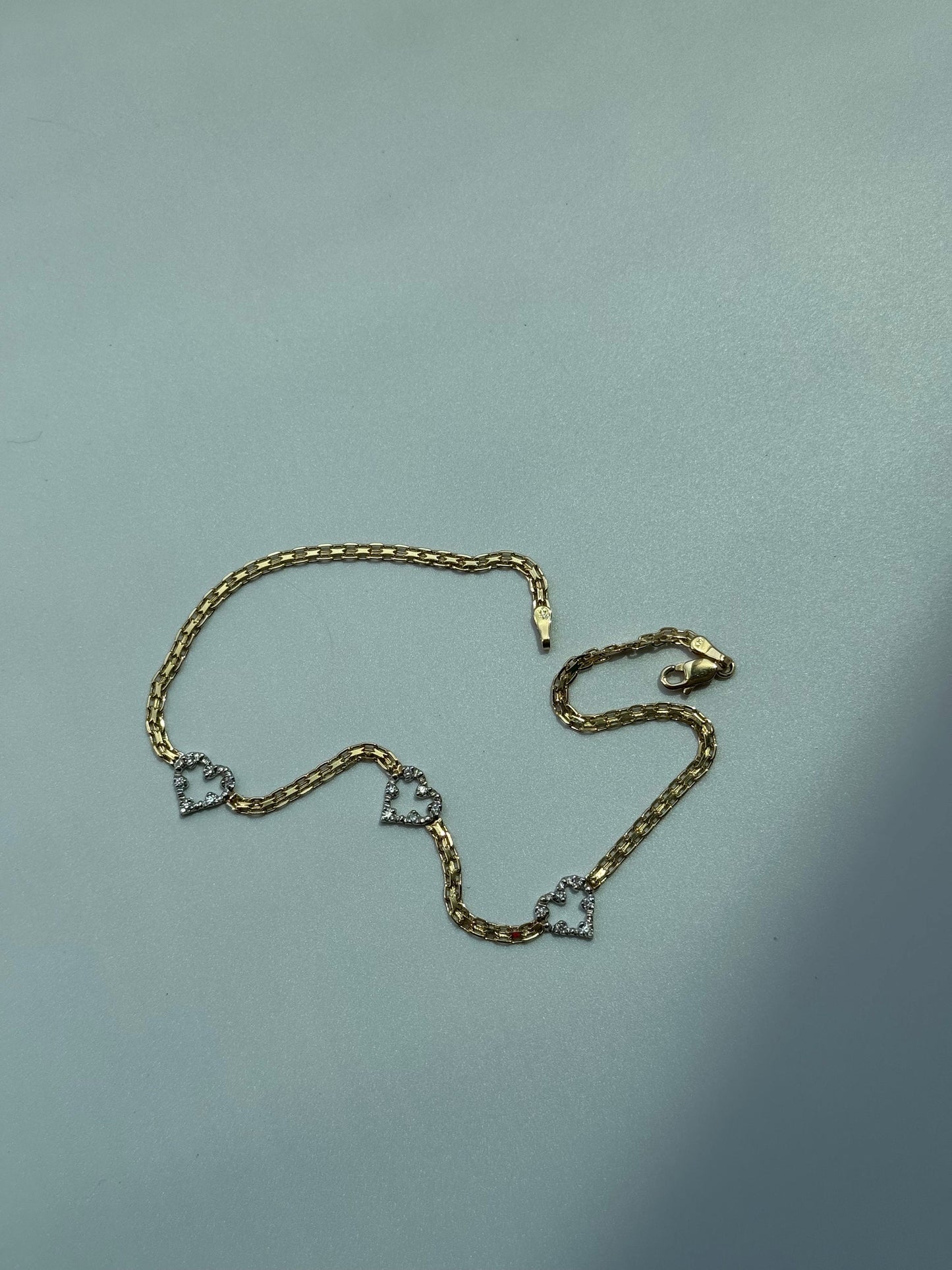 Vintage Estate Deadstock Triple Heart Anklet in 14k Gold and Diamonds