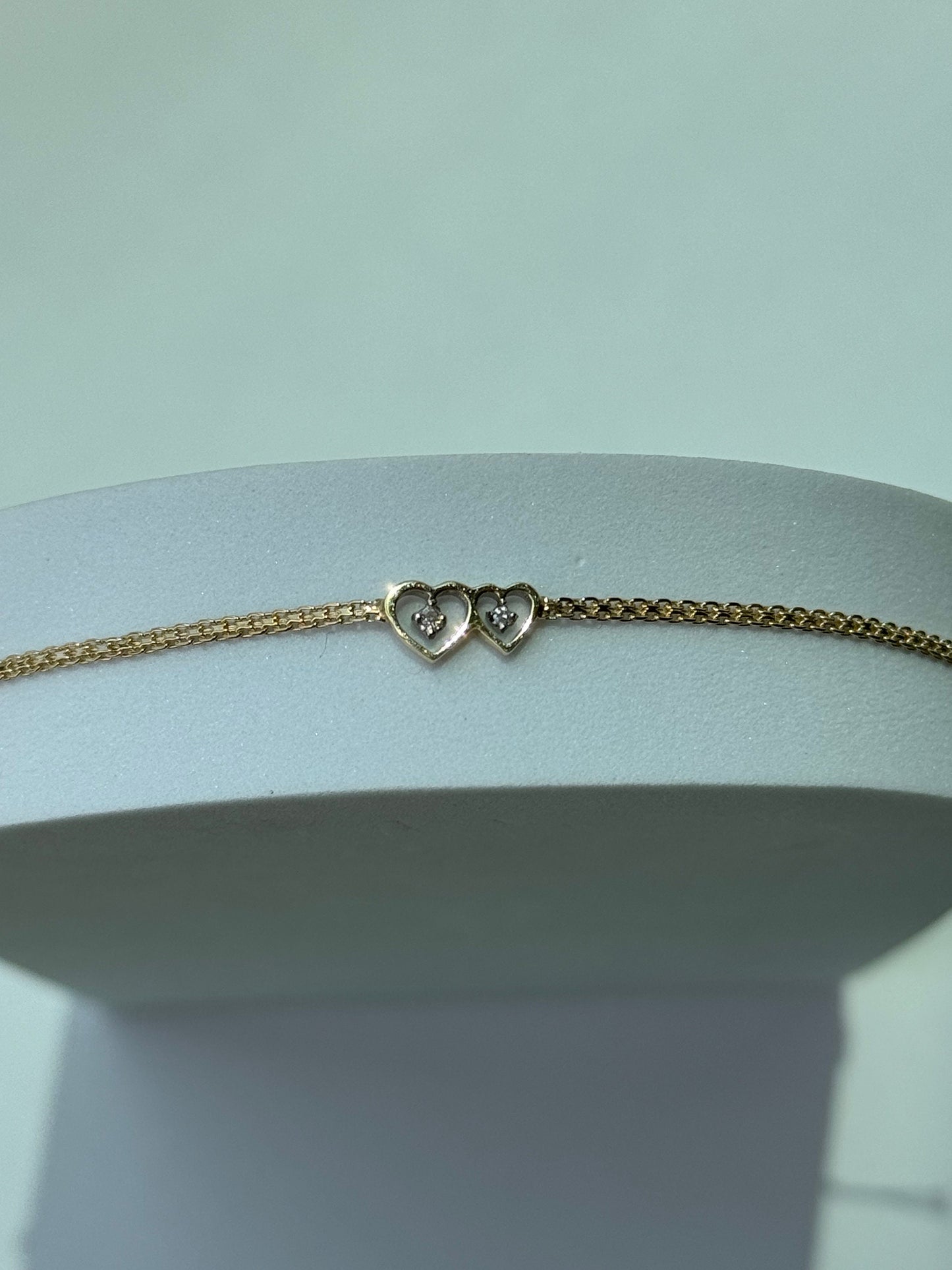 Vintage Estate Deadstock White Gold Two Hearts Anklet in 14k and Diamonds