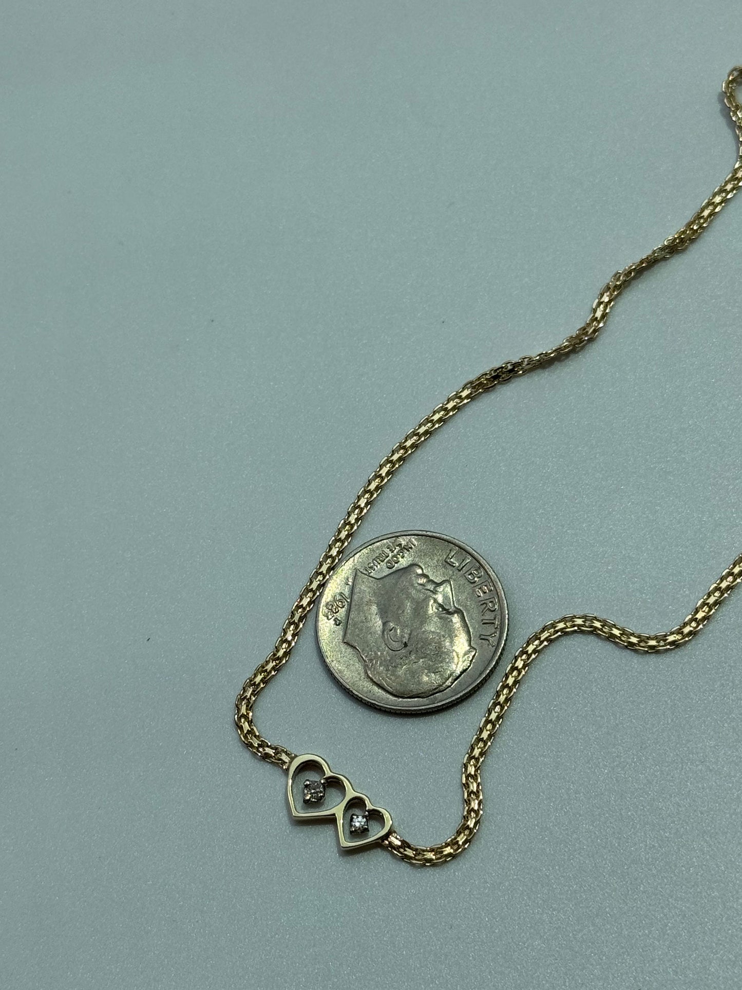 Vintage Estate Deadstock White Gold Two Hearts Anklet in 14k and Diamonds