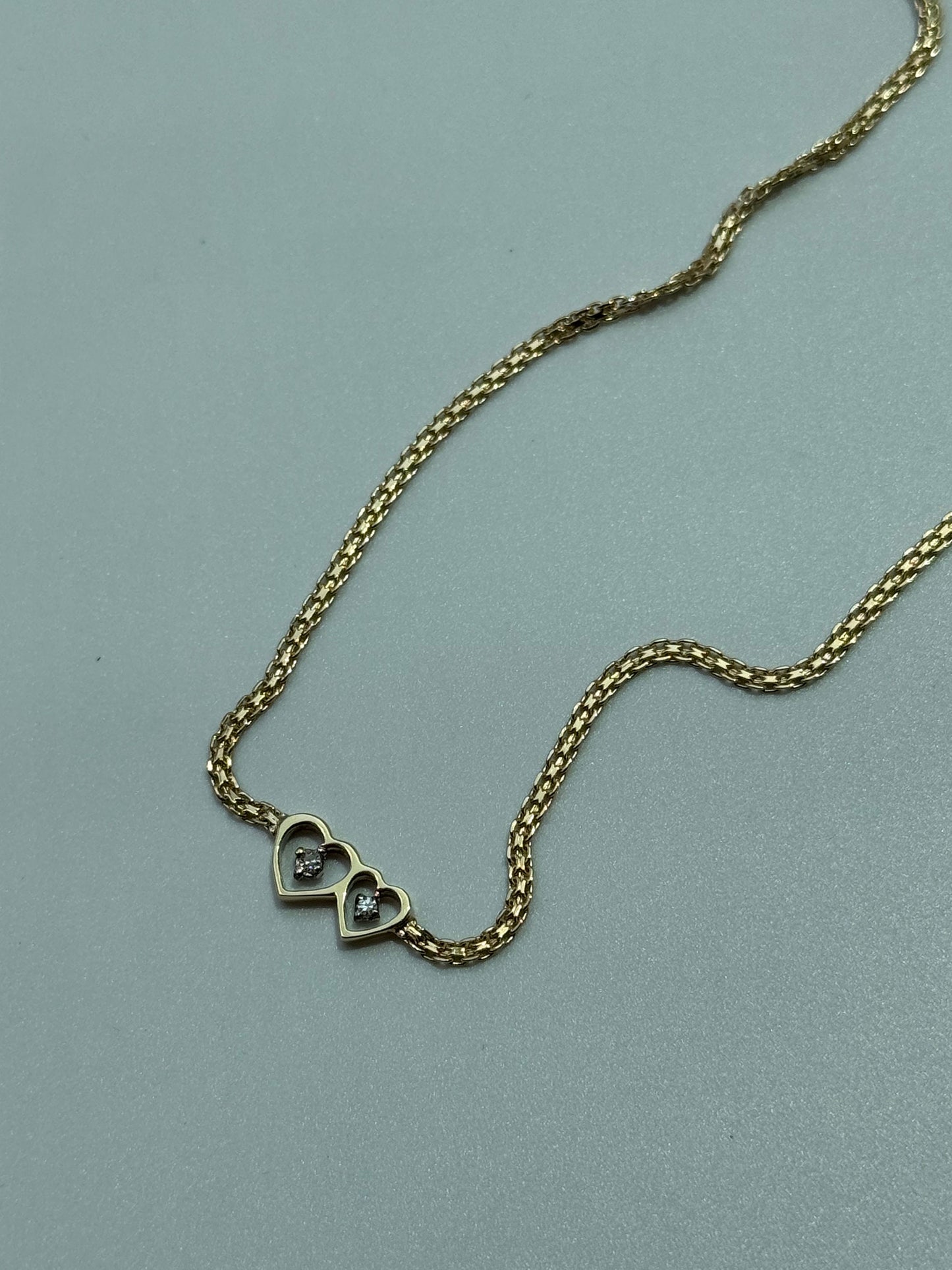 Vintage Estate Deadstock White Gold Two Hearts Anklet in 14k and Diamonds