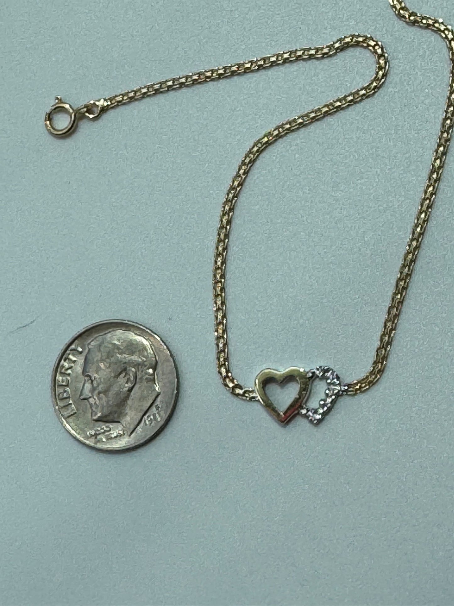 Vintage Estate Deadstock White & Yellow Gold Double Hearts Anklet in 14k and Diamonds