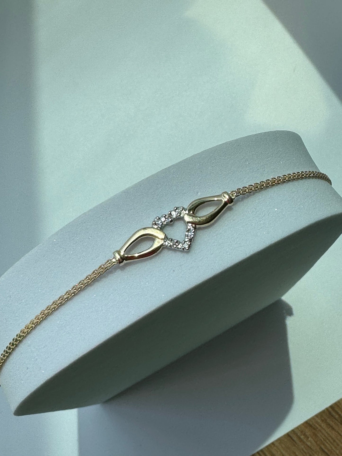 Vintage Estate Deadstock Heart and Ribbon Anklet in 14k and Diamonds