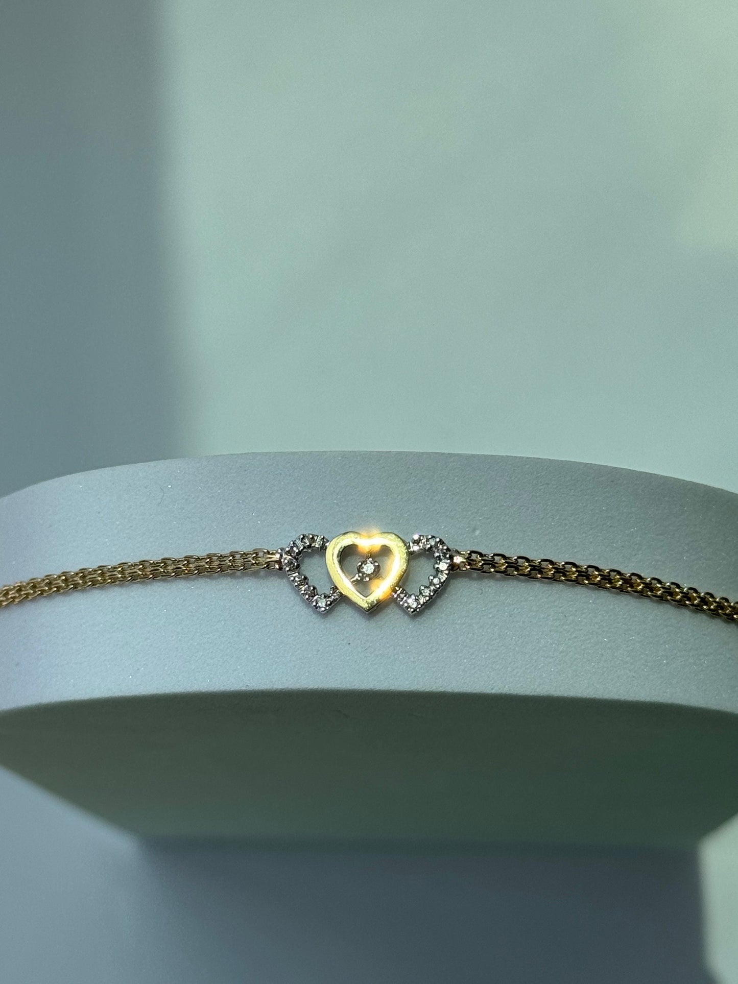 Vintage Estate Deadstock Trio Three Heart Anklet in 14k Gold and Diamonds