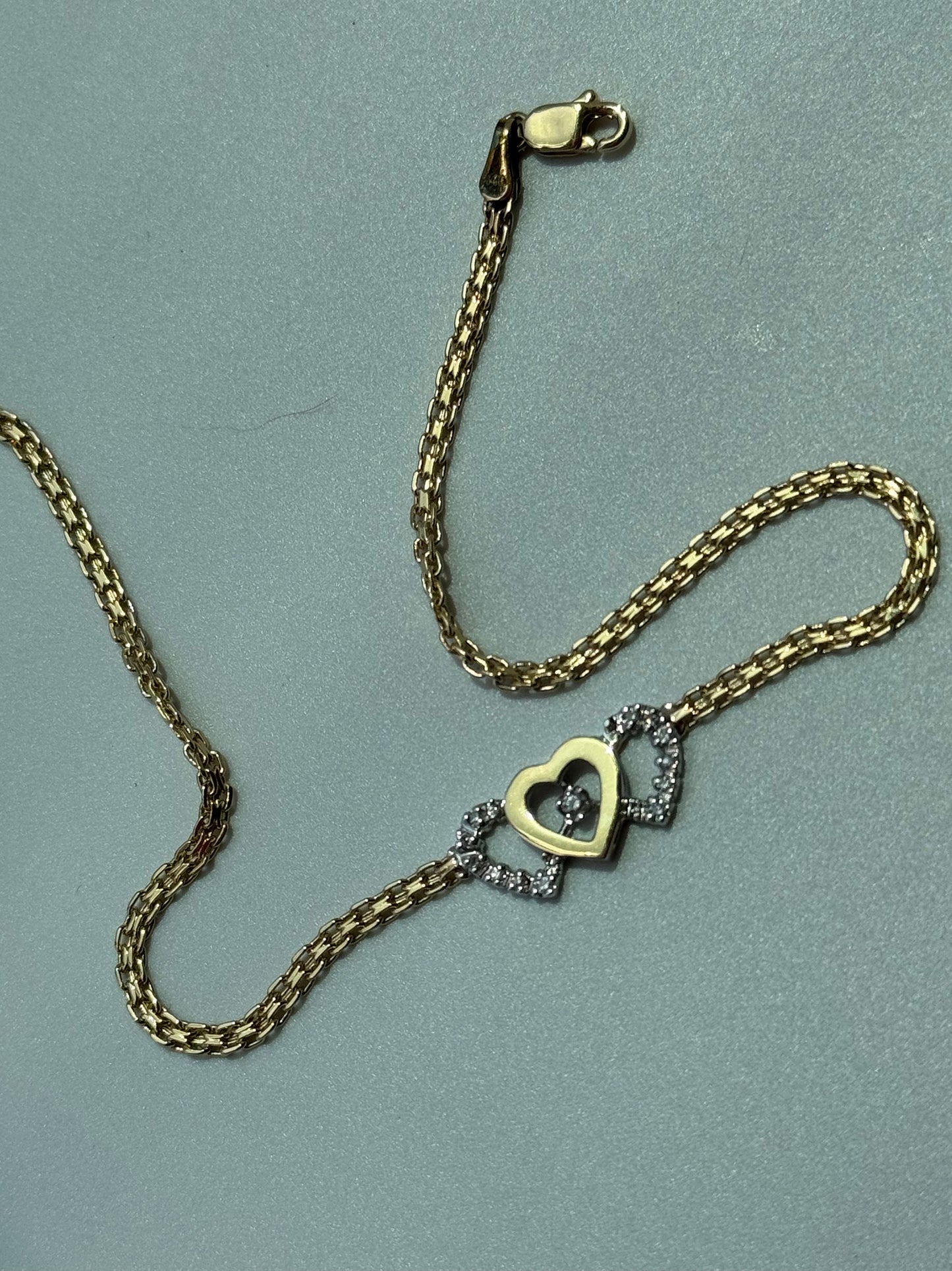 Vintage Estate Deadstock Trio Three Heart Anklet in 14k Gold and Diamonds